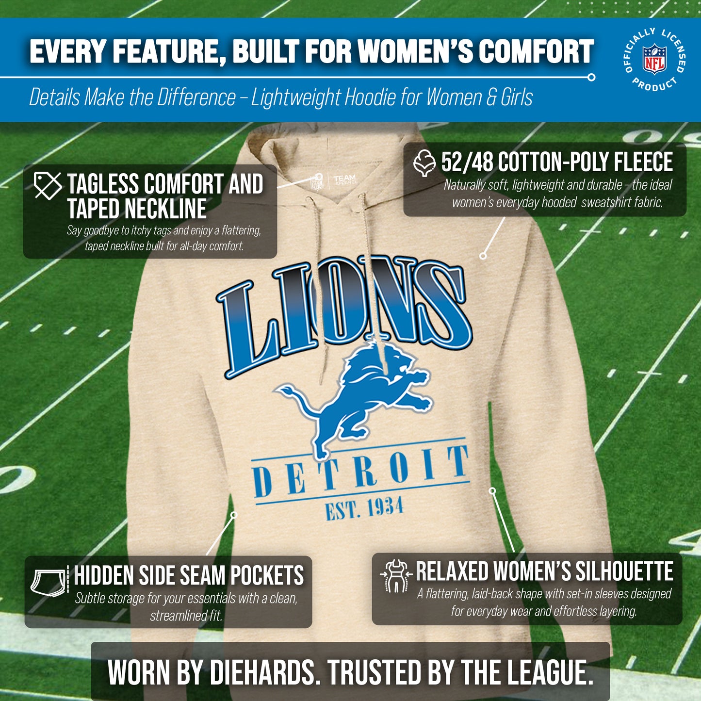 Detroit Lions Ladies NFL Starstruck Fleece Pullover Hooded Sweatshirt - Cream