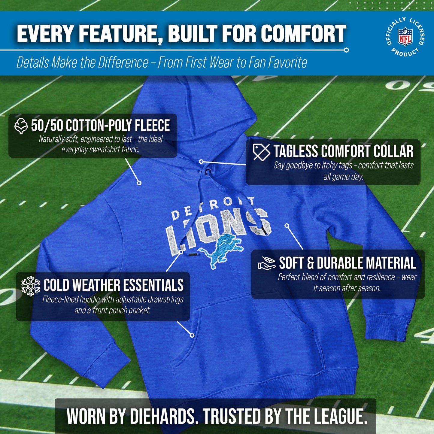 Detroit Lions NFL Adult Unisex Starting Fresh Ultra Soft Fleece Hooded Sweatshirt - Royal