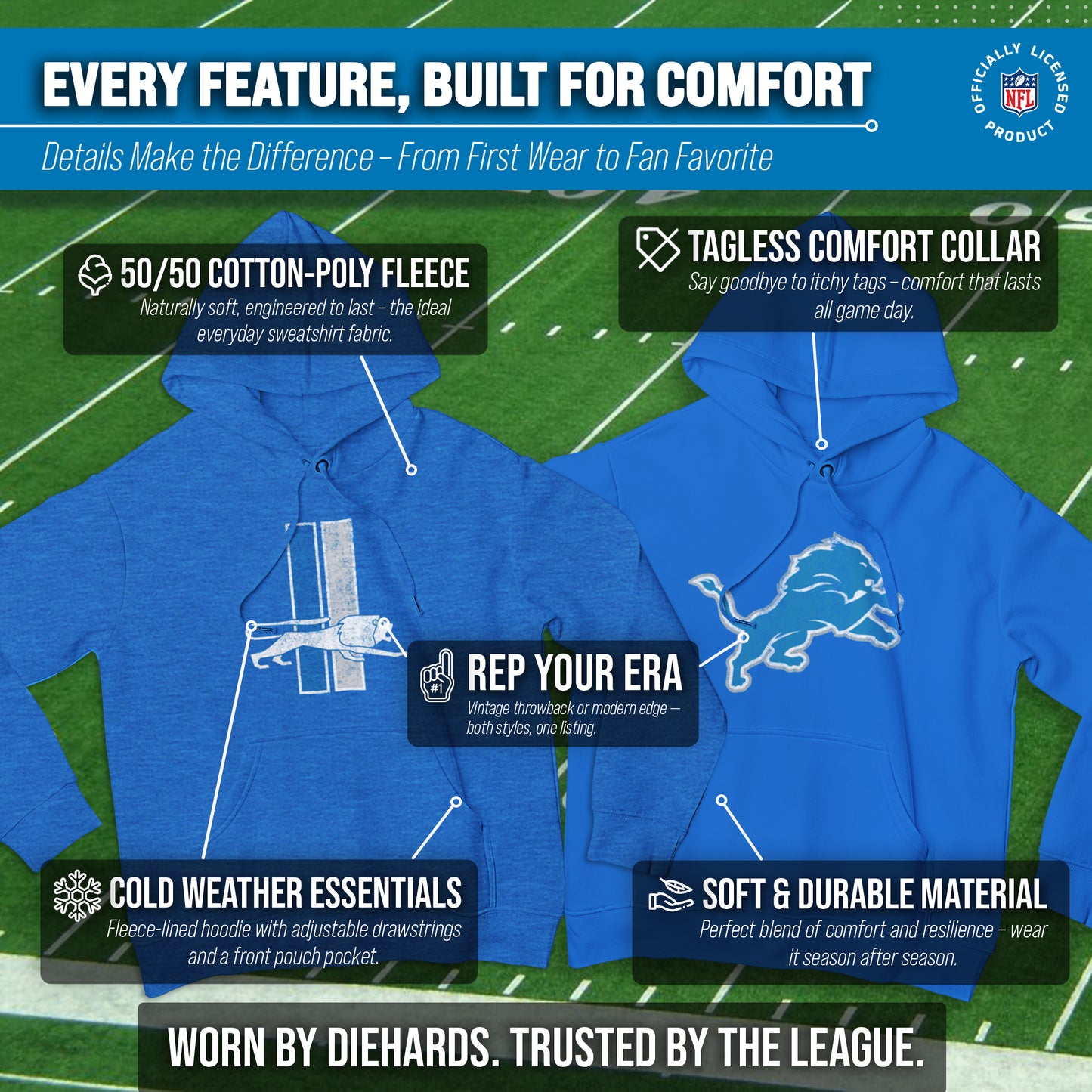 Detroit Lions NFL Adult Unisex Modern Throwback Ultra Soft Fleece Hooded Sweatshirt - Royal