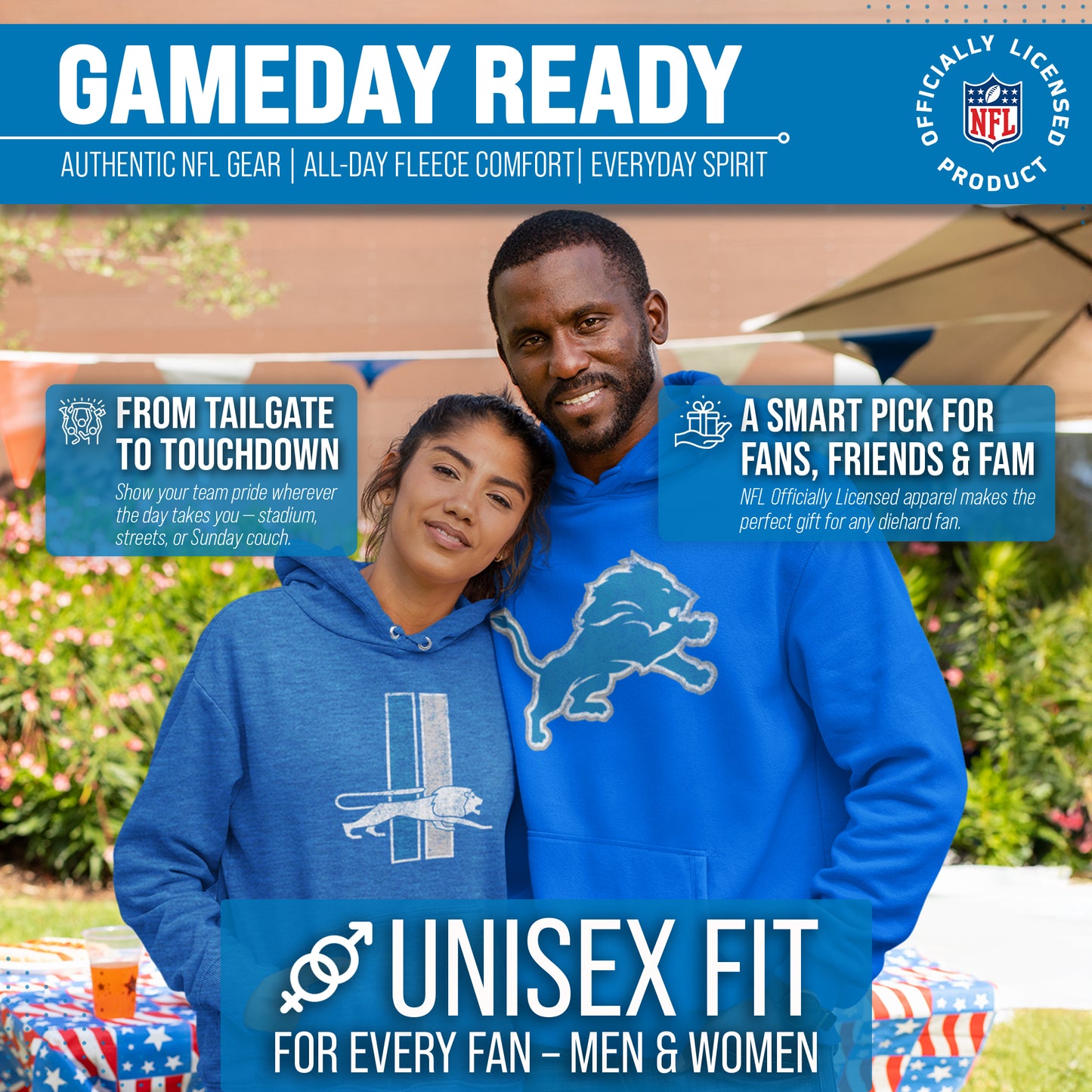 Detroit Lions NFL Adult Unisex Modern Throwback Ultra Soft Fleece Hooded Sweatshirt - Royal