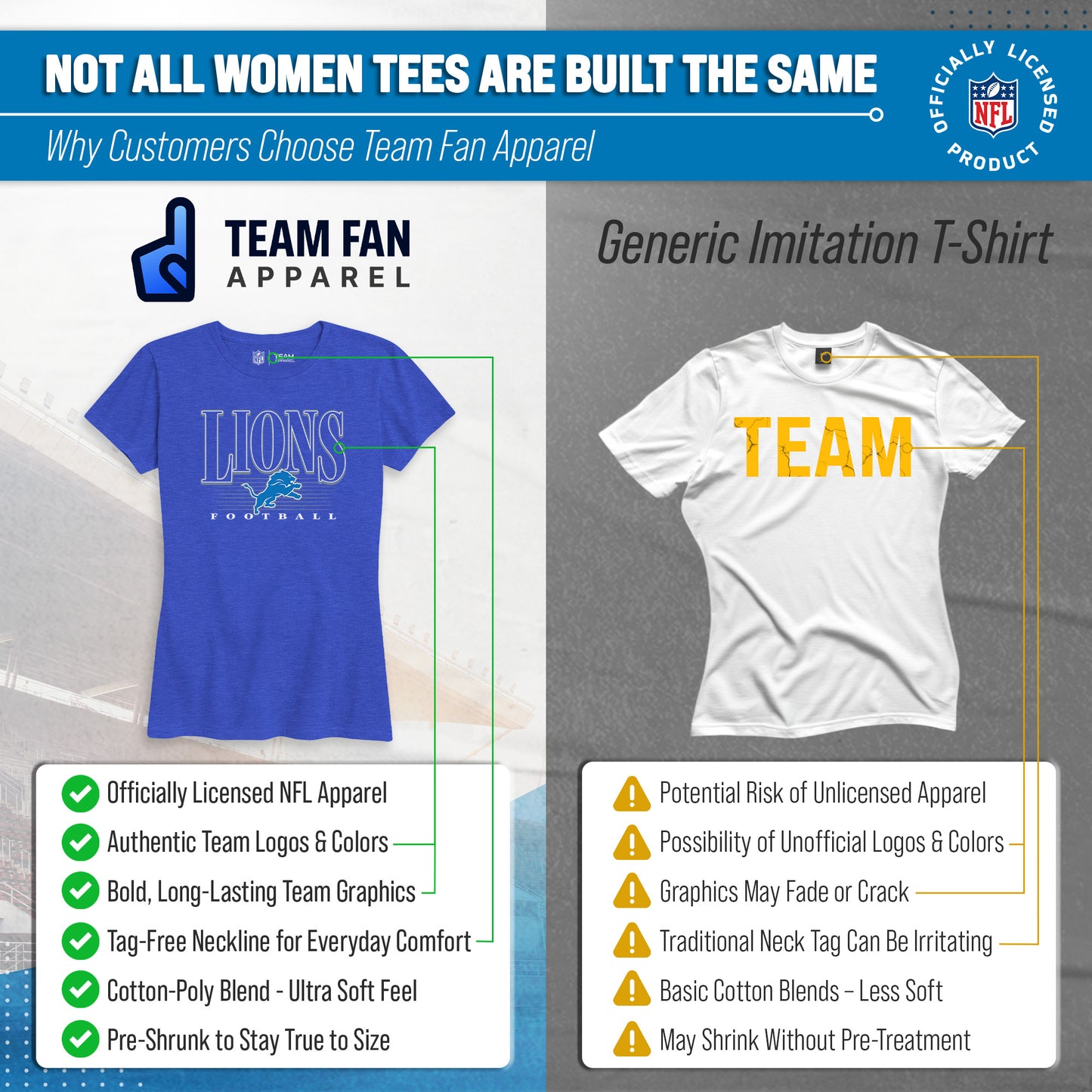 Detroit Lions NFL Womens Overtime Blueprint Tag-Less T-Shirt - Royal