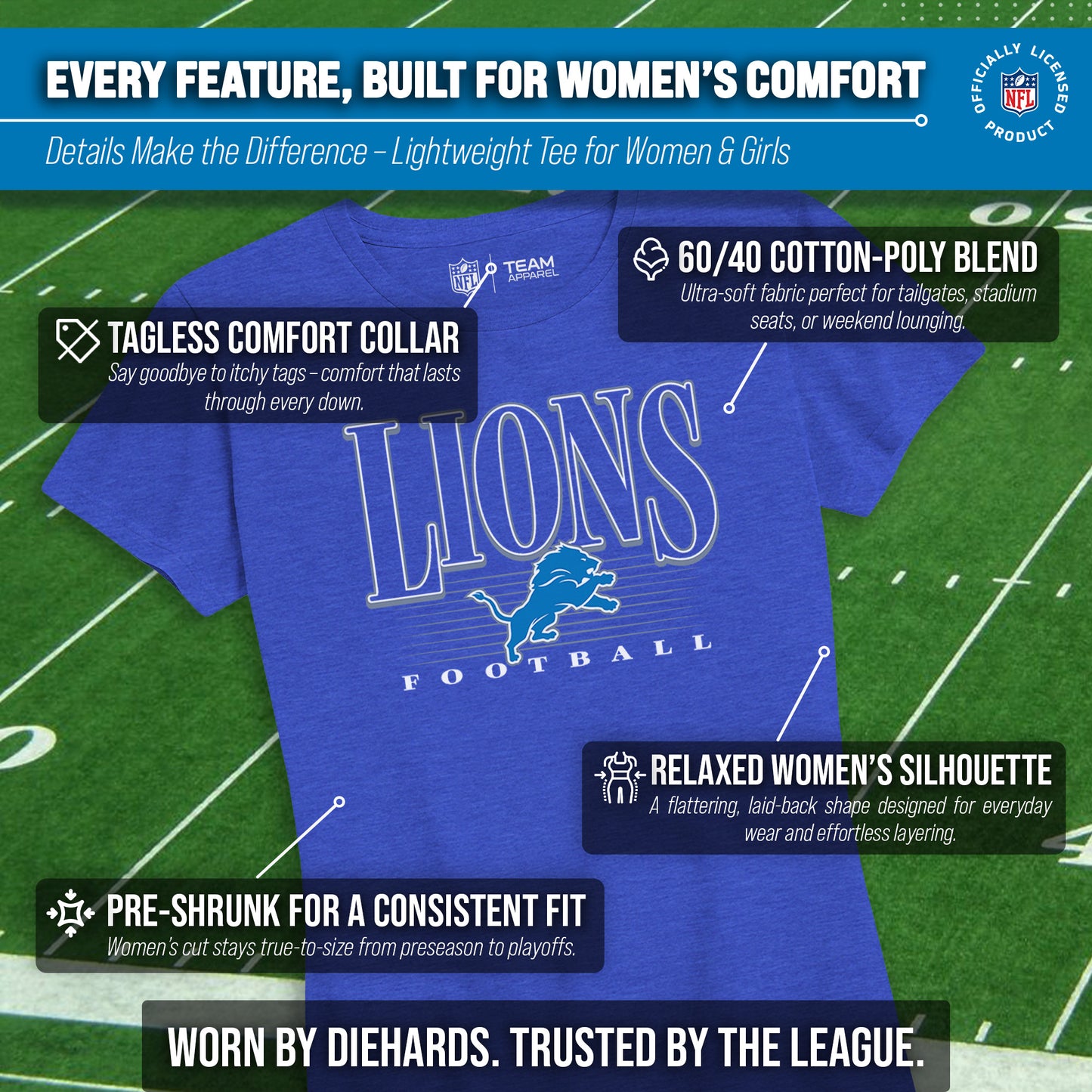 Detroit Lions NFL Womens Overtime Blueprint Tag-Less T-Shirt - Royal