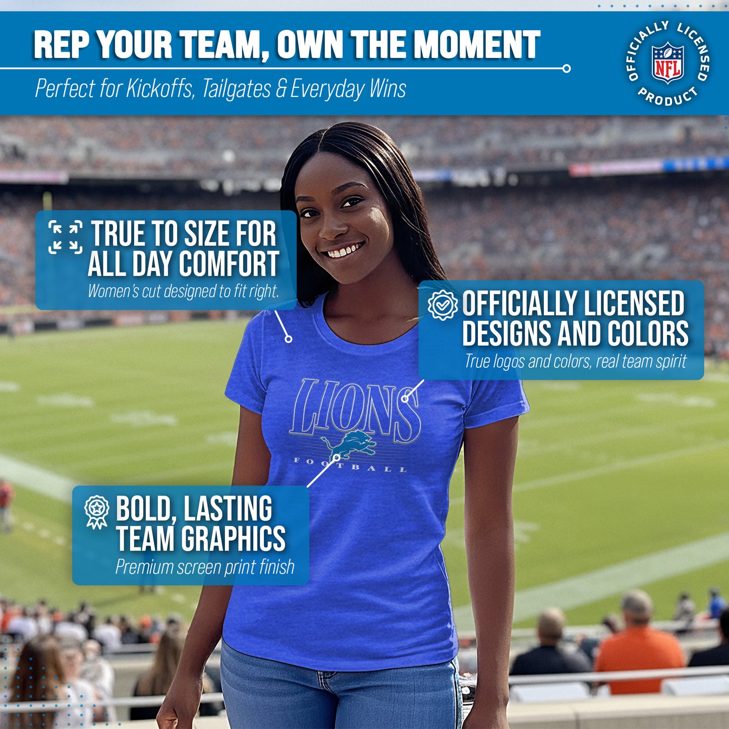 Detroit Lions NFL Womens Overtime Blueprint Tag-Less T-Shirt - Royal