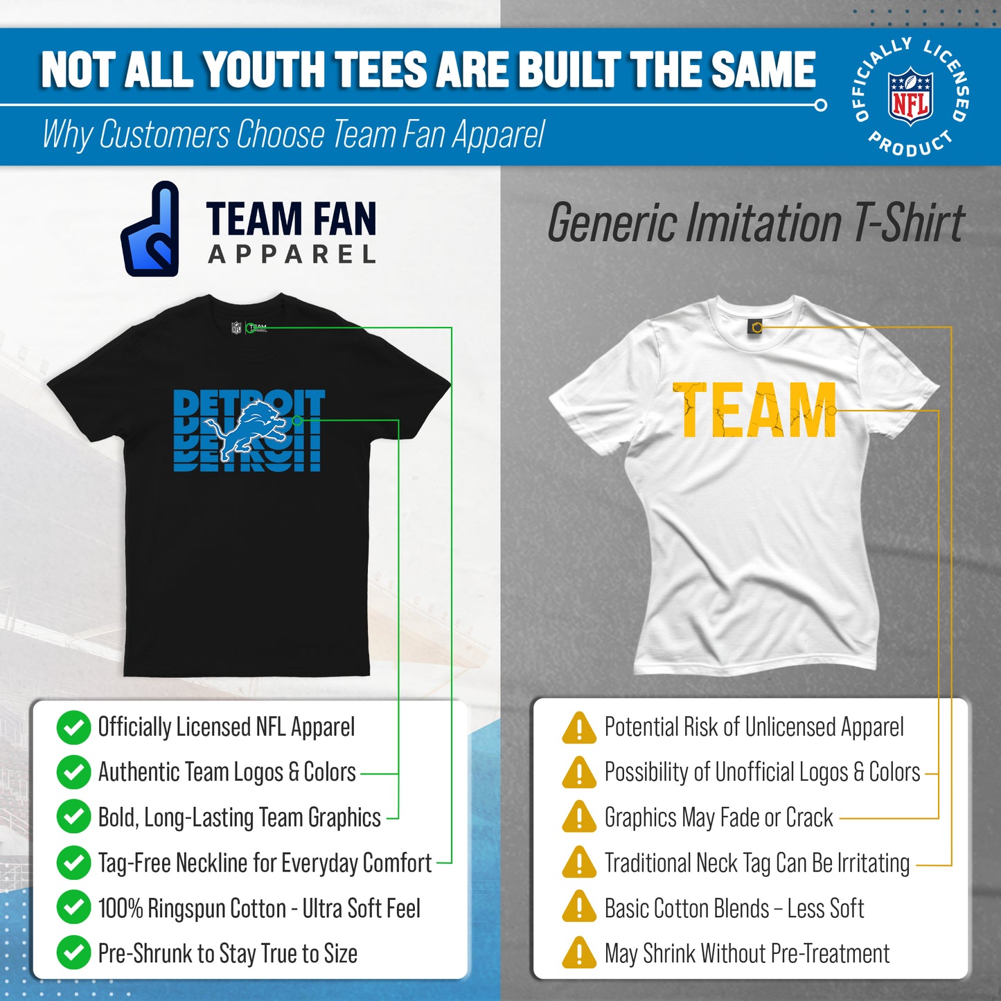 Detroit Lions NFL Youth Repeating Logo Football T-Shirt Unisex Tag Free Comfortable - Black