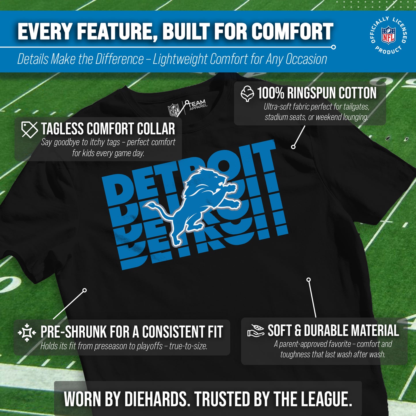 Detroit Lions NFL Youth Repeating Logo Football T-Shirt Unisex Tag Free Comfortable - Black