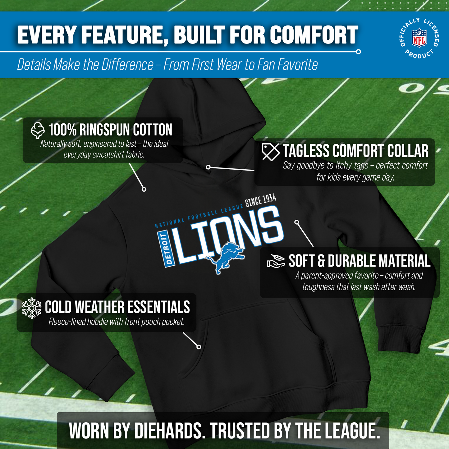 Detroit Lions NFL Youth Modern Endzone Football Fleece Hooded Sweatshirt - Black