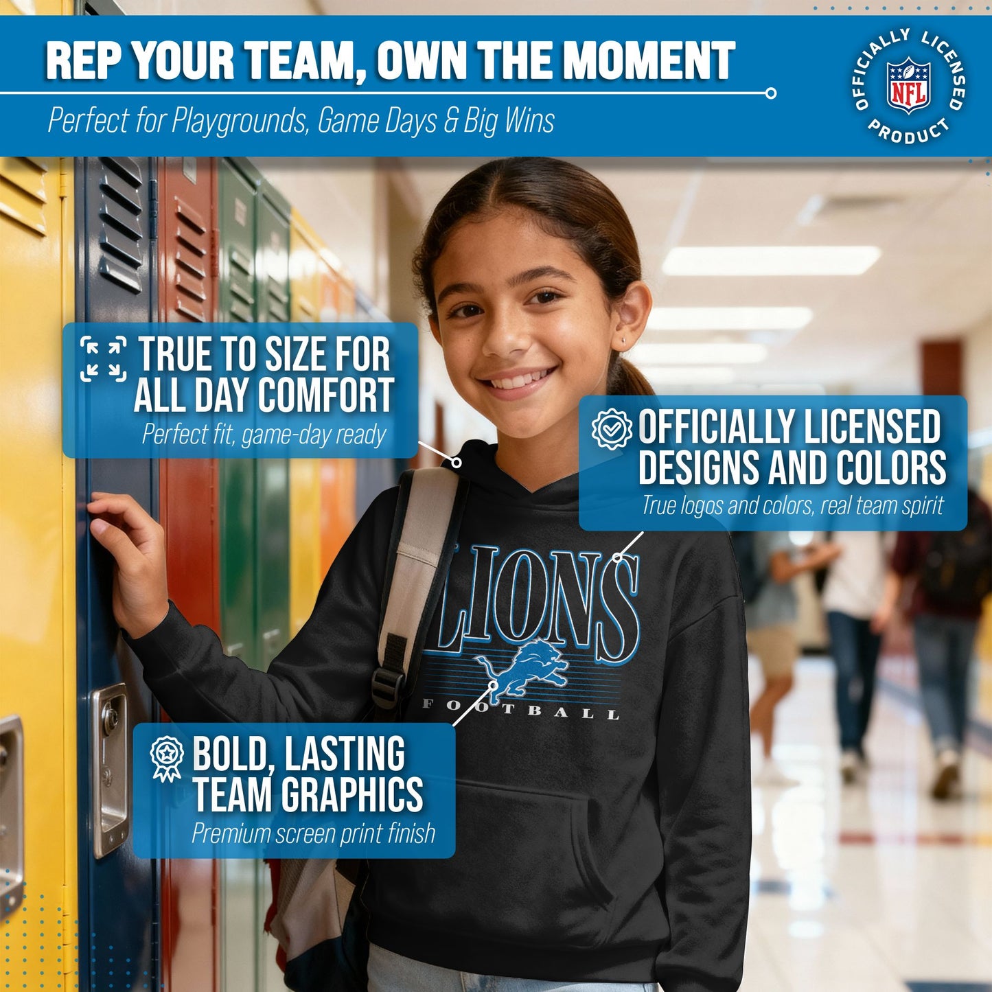 Detroit Lions NFL Youth Overtime Blueprint Football Fleece Hooded Sweatshirt - Black