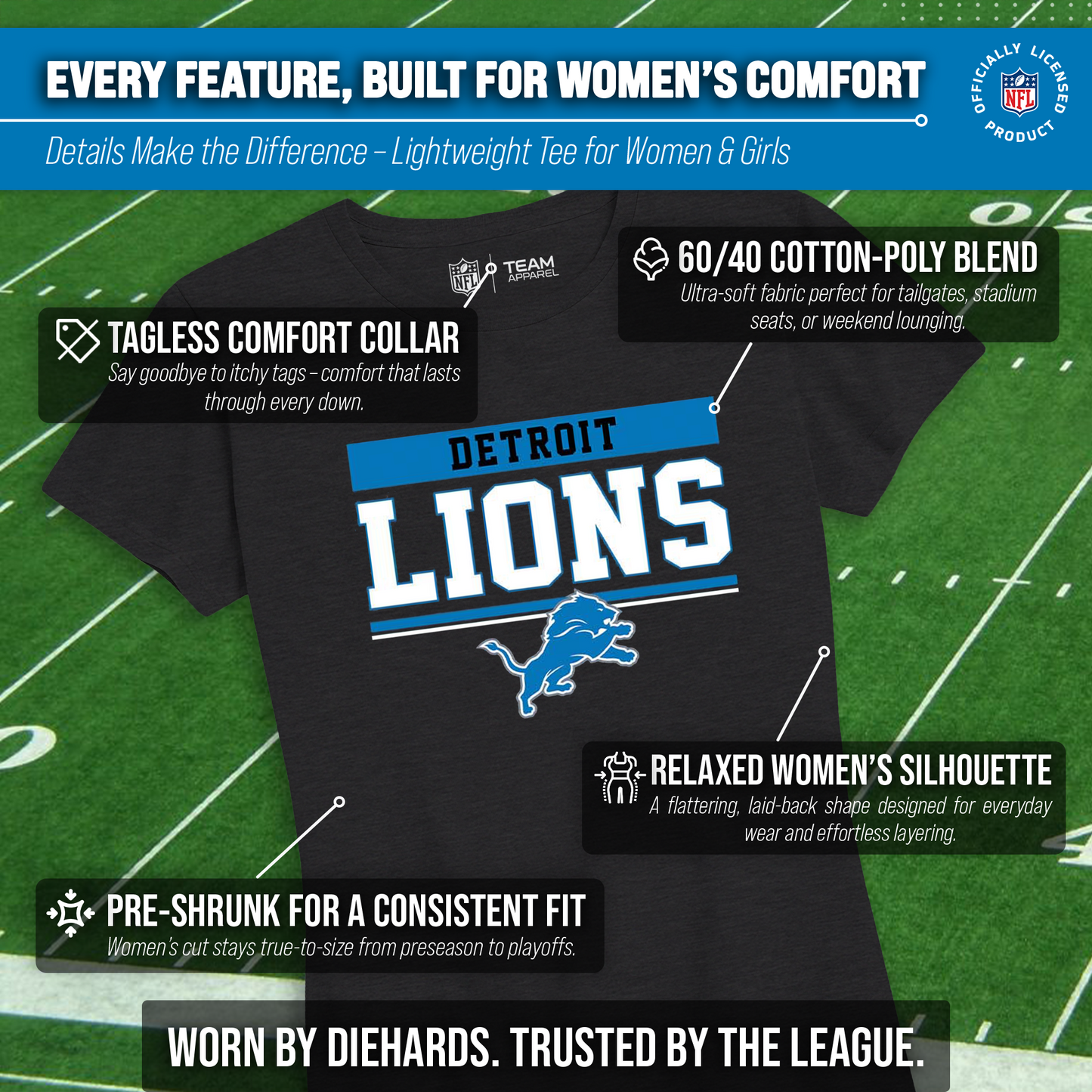 Detroit Lions NFL Women's Team Block Charcoal Tagless T-Shirt - Charcoal