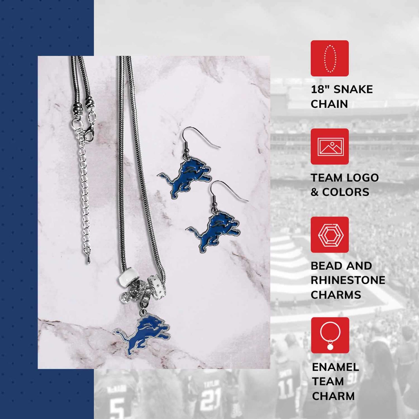Detroit Lions NFL Game Day Necklace and Earrings - Silver