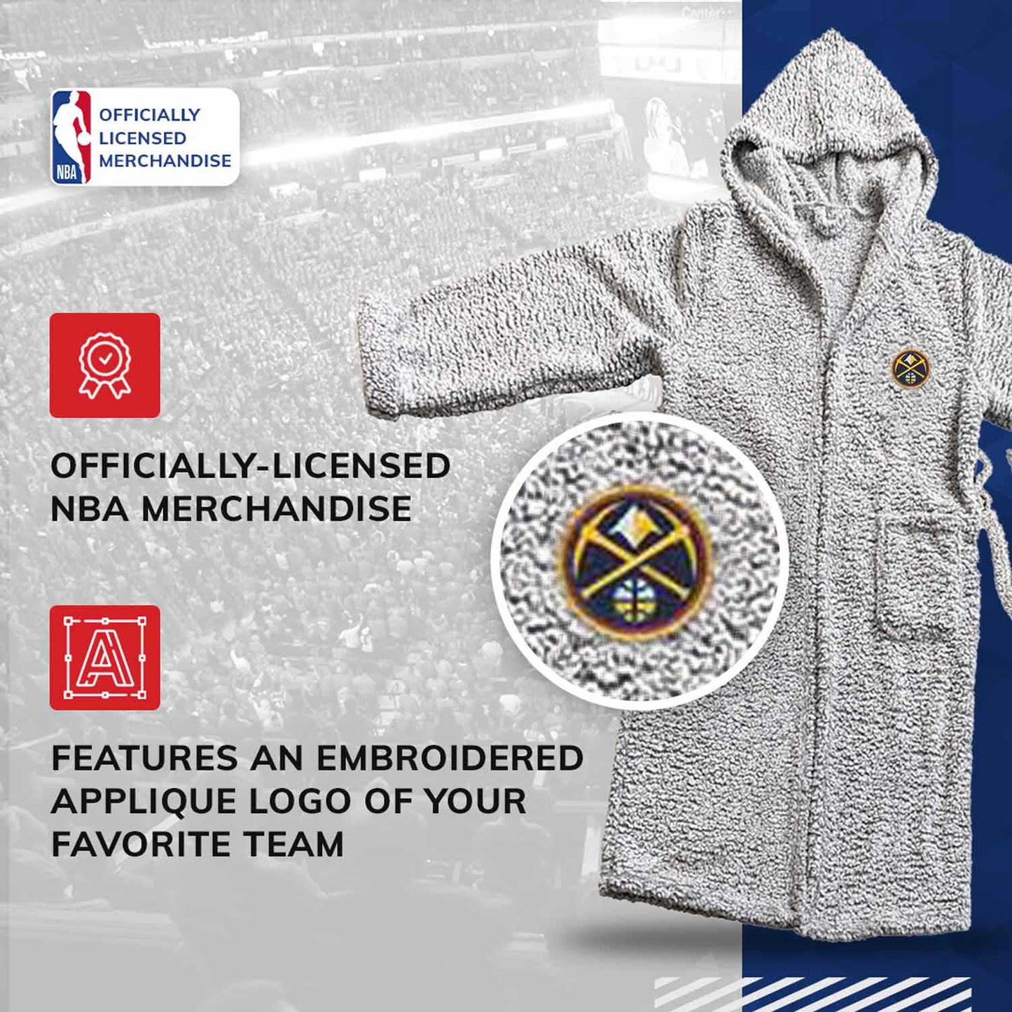 Denver Nuggets NBA Adult Plush Hooded Robe with Pockets - Gray