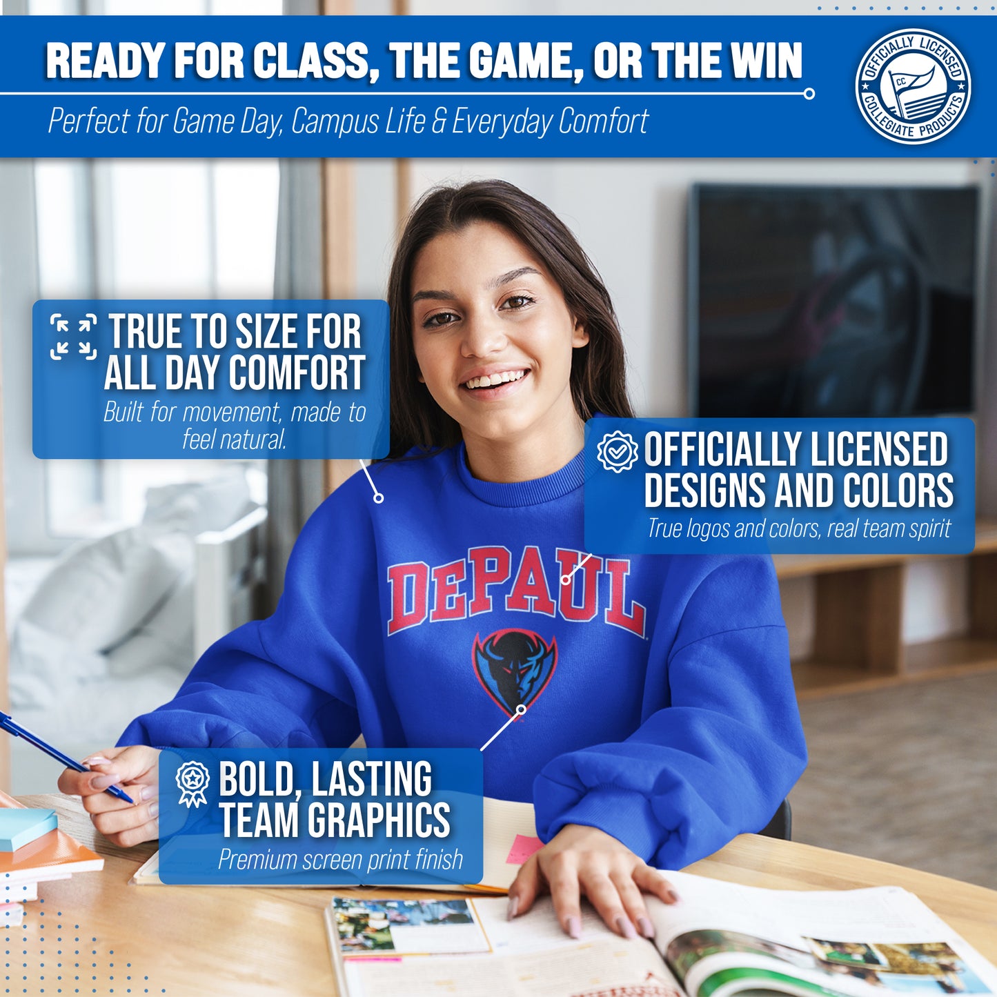 DePaul Blue Demons Adult Arch & Logo Soft Style Gameday Crewneck Sweatshirt - Royal