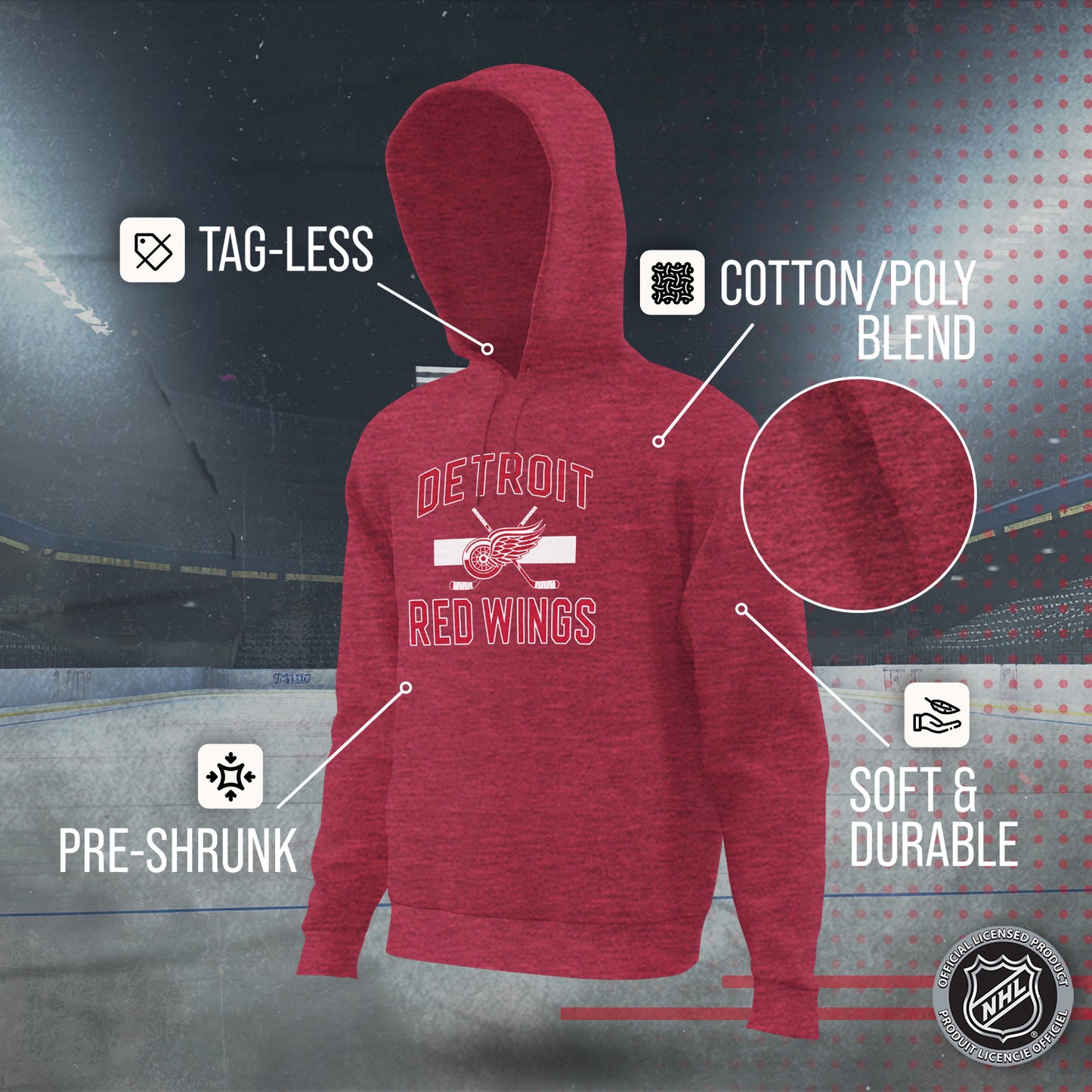 Detroit Red Wings Adult NHL Faceoff Hockey Fleece Hooded Sweatshirt- Jersey Stripe - Red