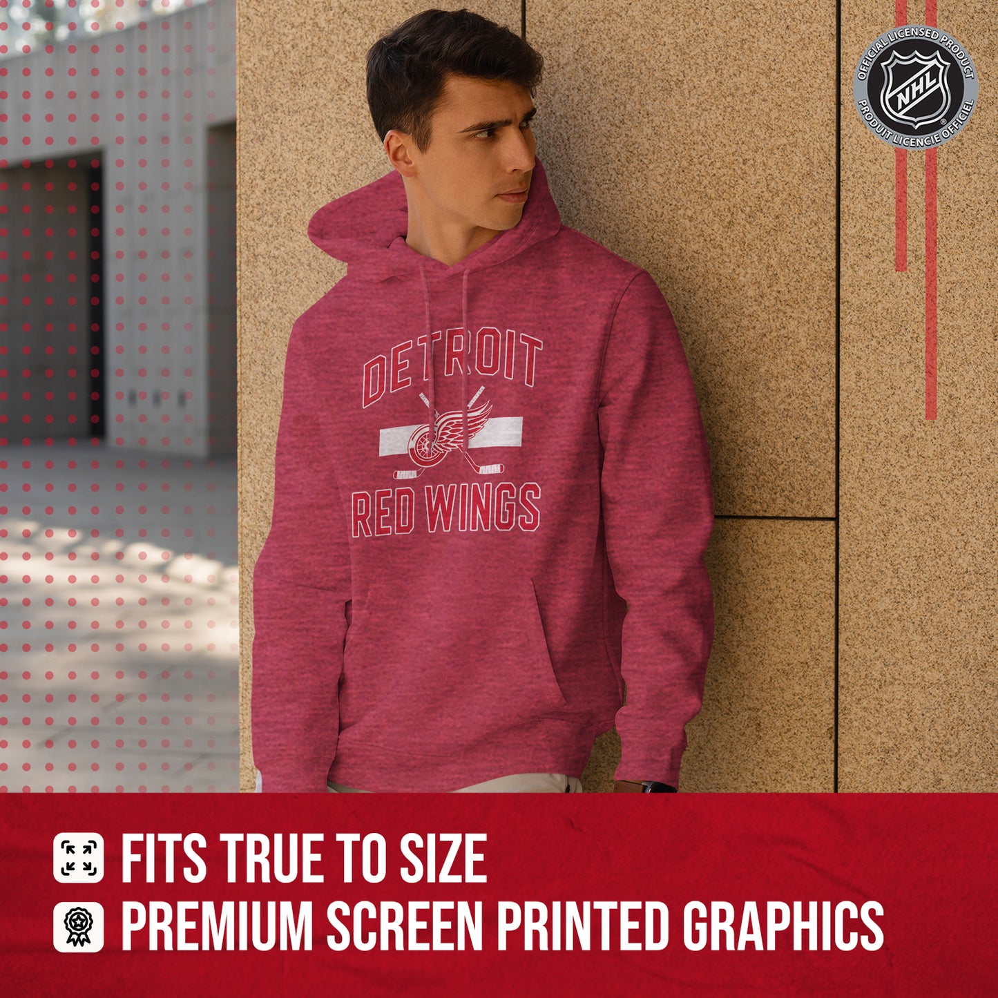 Detroit Red Wings Adult NHL Faceoff Hockey Fleece Hooded Sweatshirt- Jersey Stripe - Red