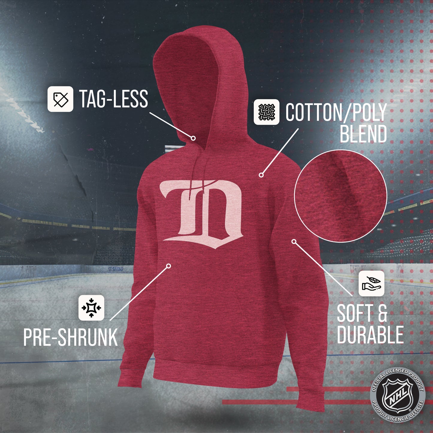 Detroit Red Wings Adult NHL Retro Logo Hockey Fleece Hooded Sweatshirt - Red Heather