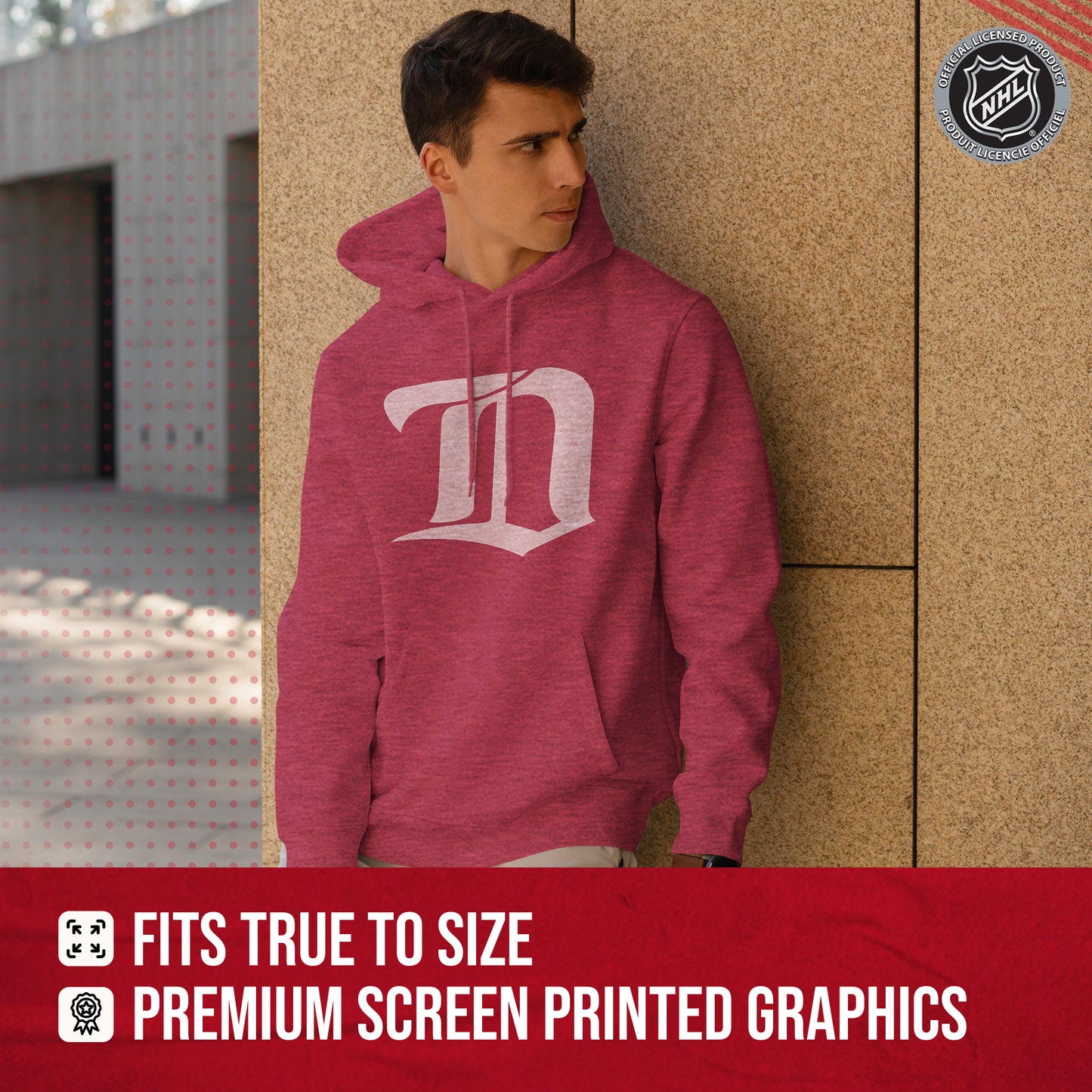 Detroit Red Wings Adult NHL Retro Logo Hockey Fleece Hooded Sweatshirt - Red Heather