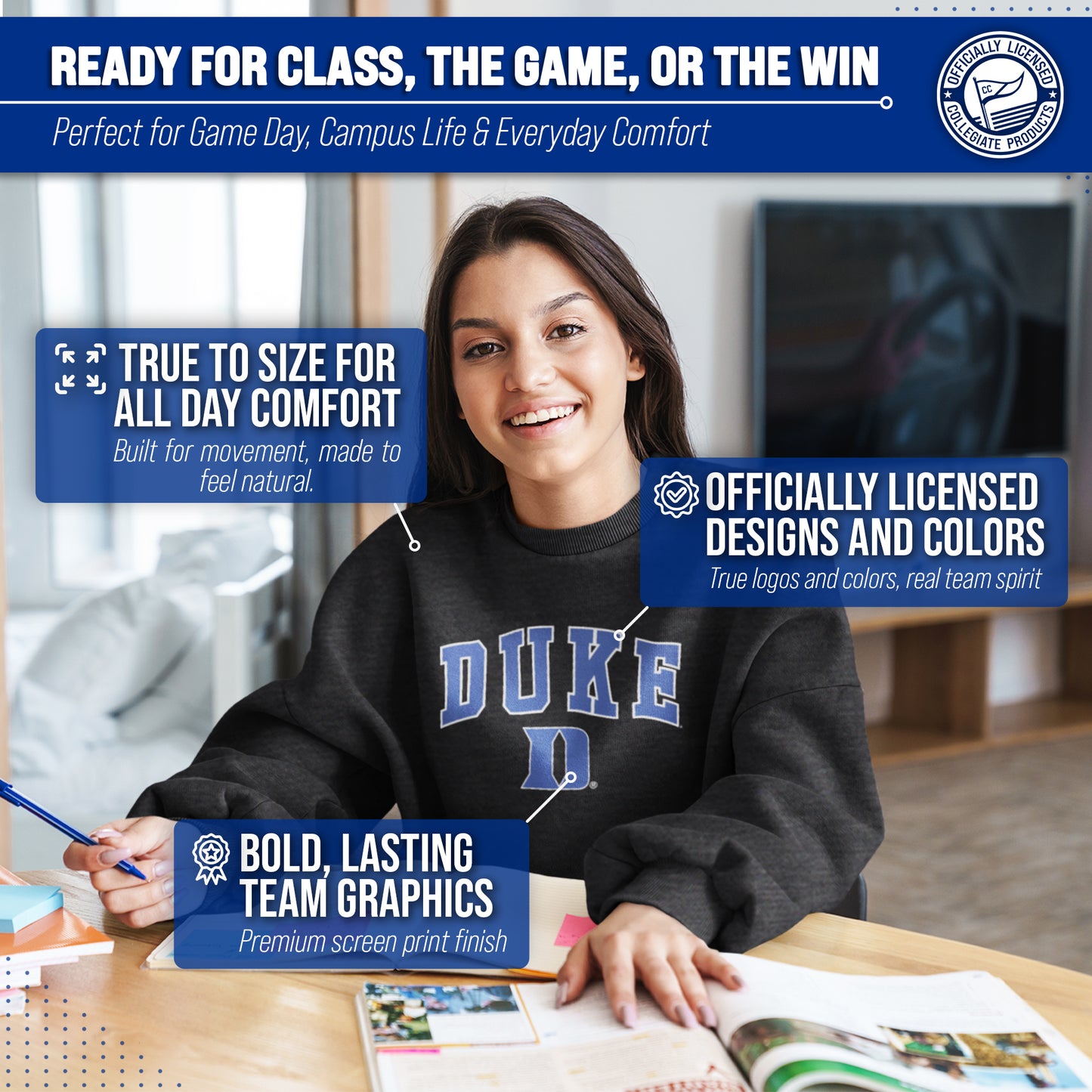 Duke Blue Devils Adult Arch & Logo Soft Style Gameday Crewneck Sweatshirt - Black Heather