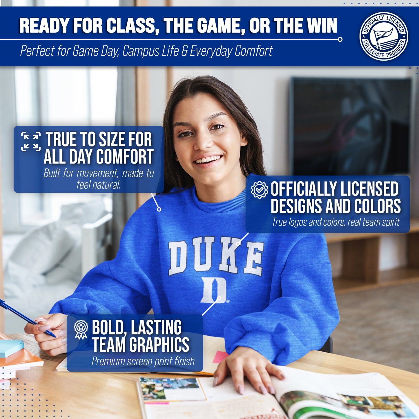 Duke Blue Devils Adult Arch & Logo Soft Style Gameday Crewneck Sweatshirt - Royal Heather