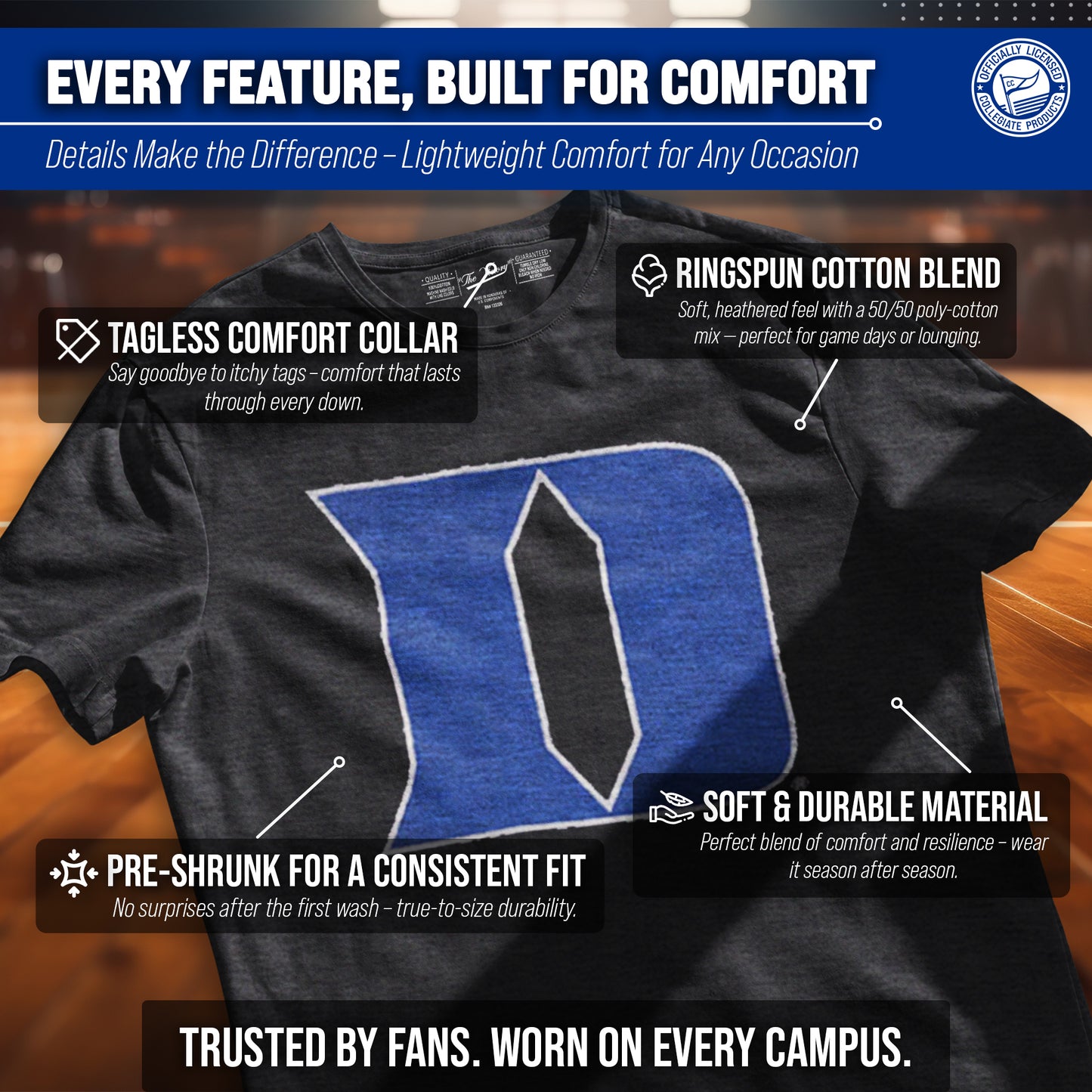 Duke Blue Devils Adult MVP Heathered Cotton Blend T-Shirt - Black Heather