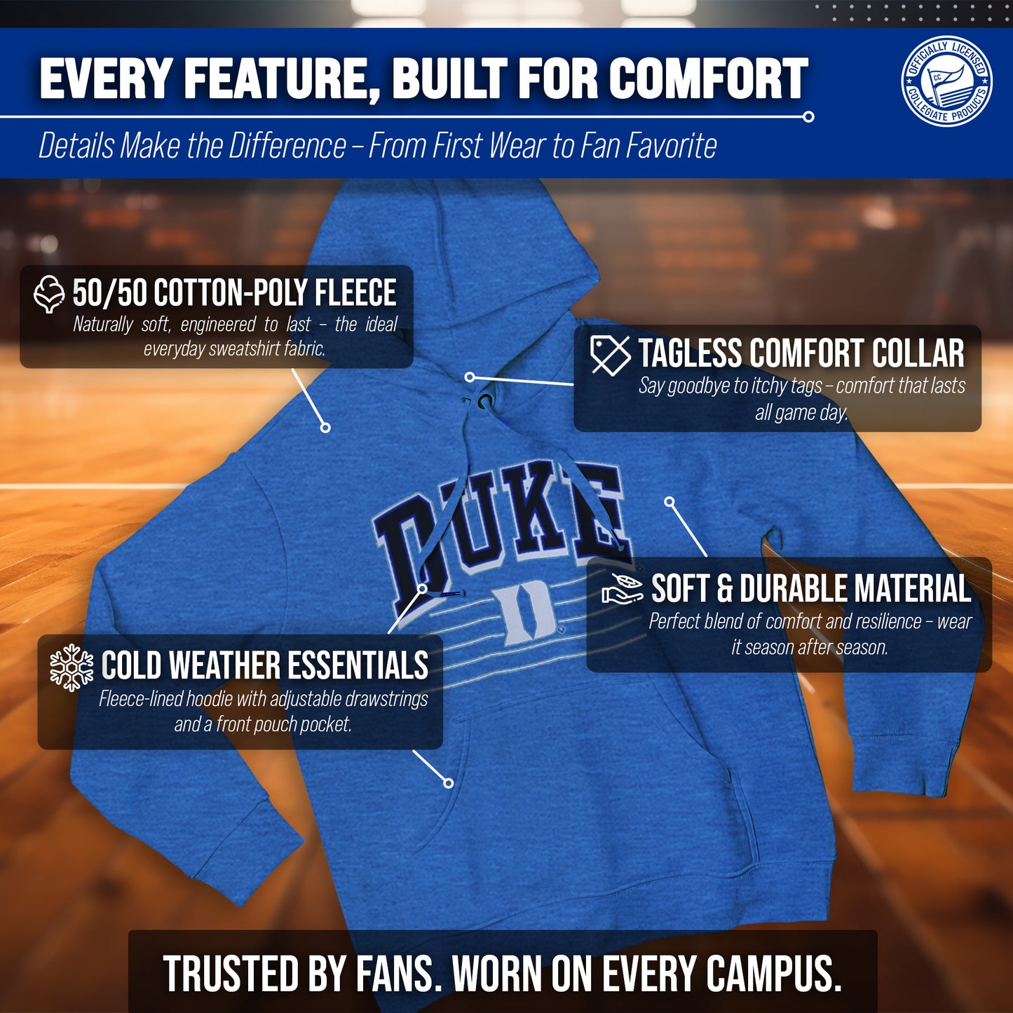 Duke Blue Devils NCAA Adult Unisex Overtime Classics Hooded Fleece Sweatshirt - Royal Heather