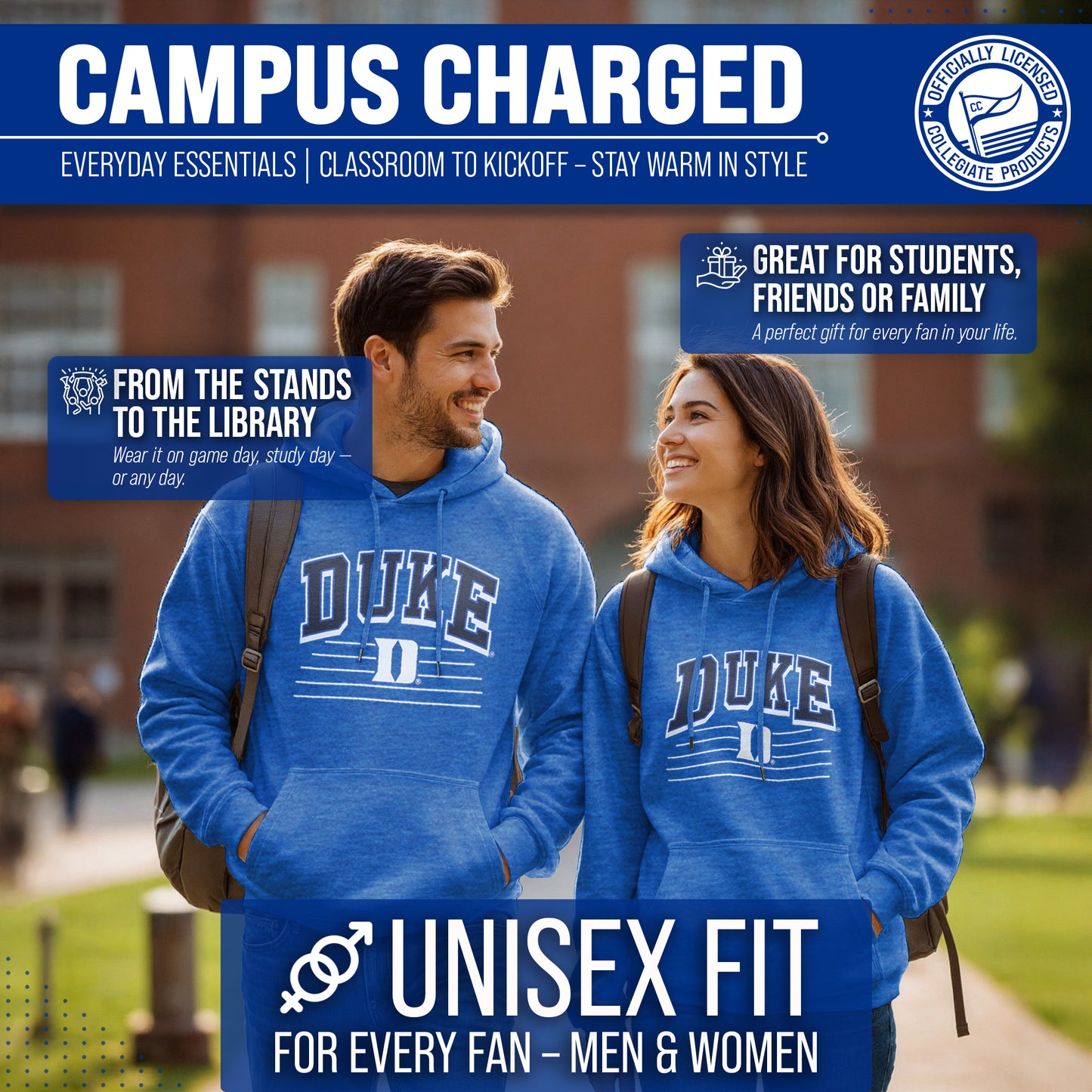 Duke Blue Devils NCAA Adult Unisex Overtime Classics Hooded Fleece Sweatshirt - Royal Heather