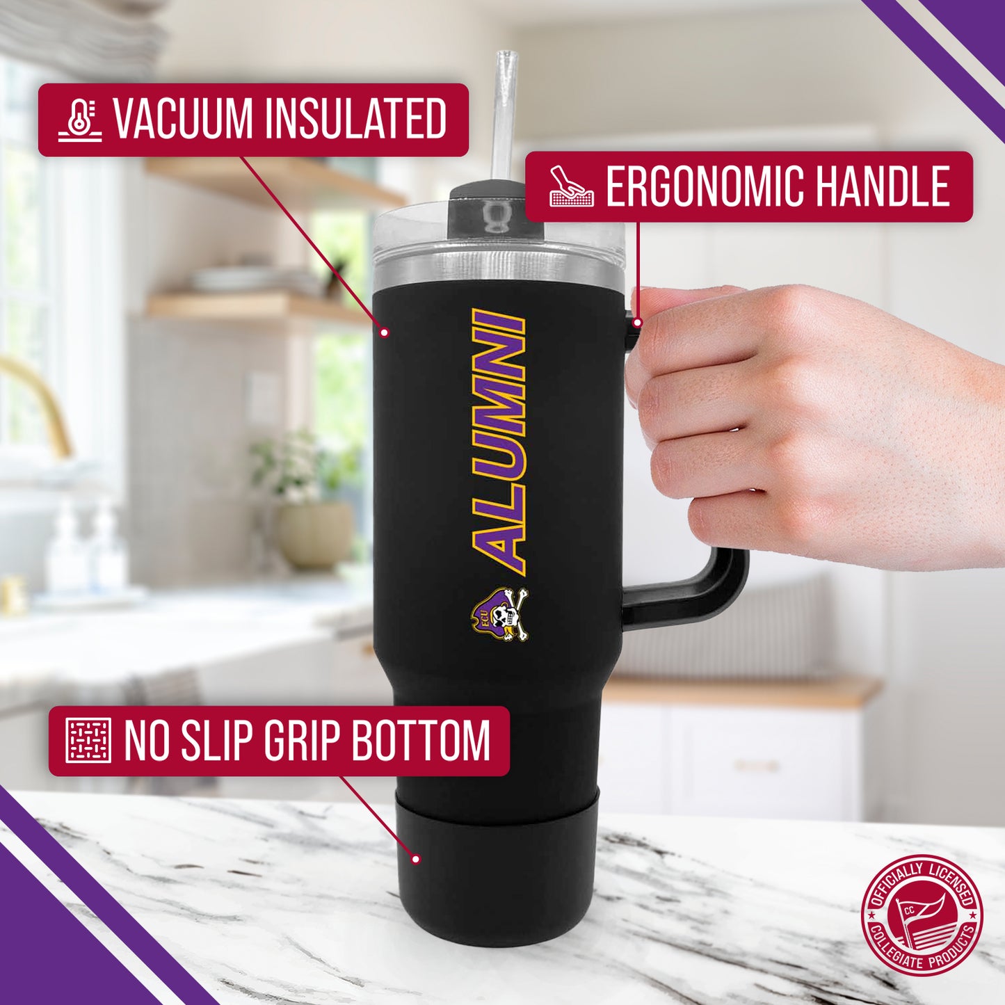 East Carolina Pirates Collegiate 40oz Stainless Steel Travel Tumbler with Handle for Alumni - Black