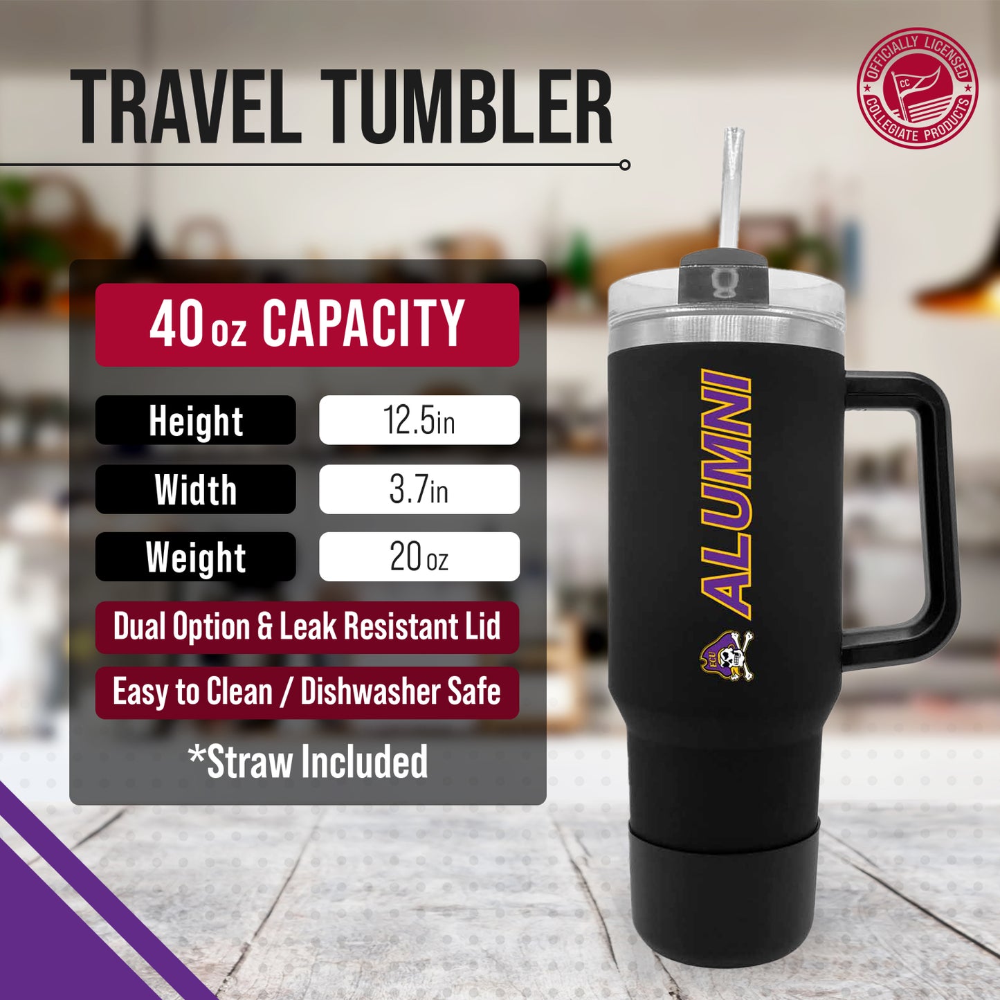 East Carolina Pirates Collegiate 40oz Stainless Steel Travel Tumbler with Handle for Alumni - Black