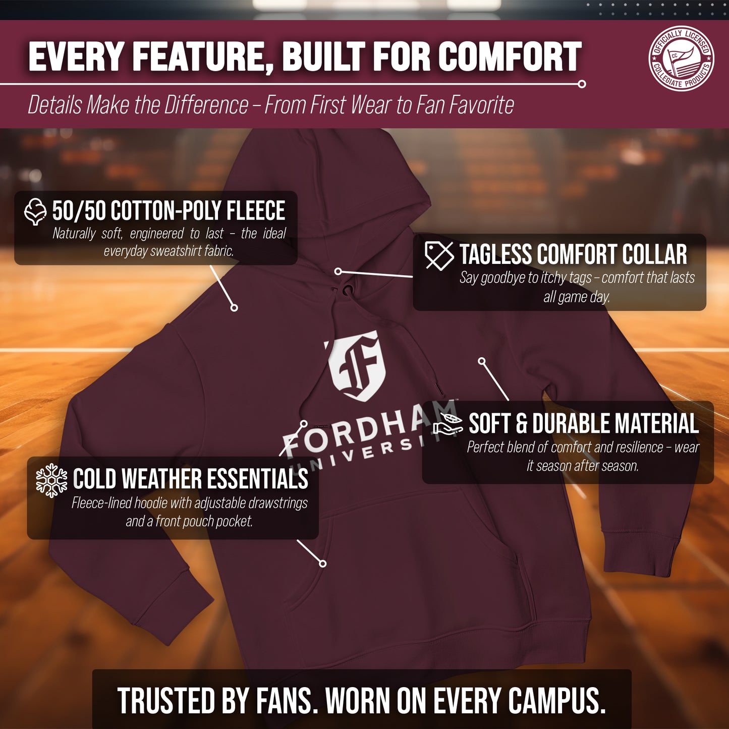 Fordham Rams Adult Arch & Logo Soft Style Gameday Hooded Sweatshirt - Maroon
