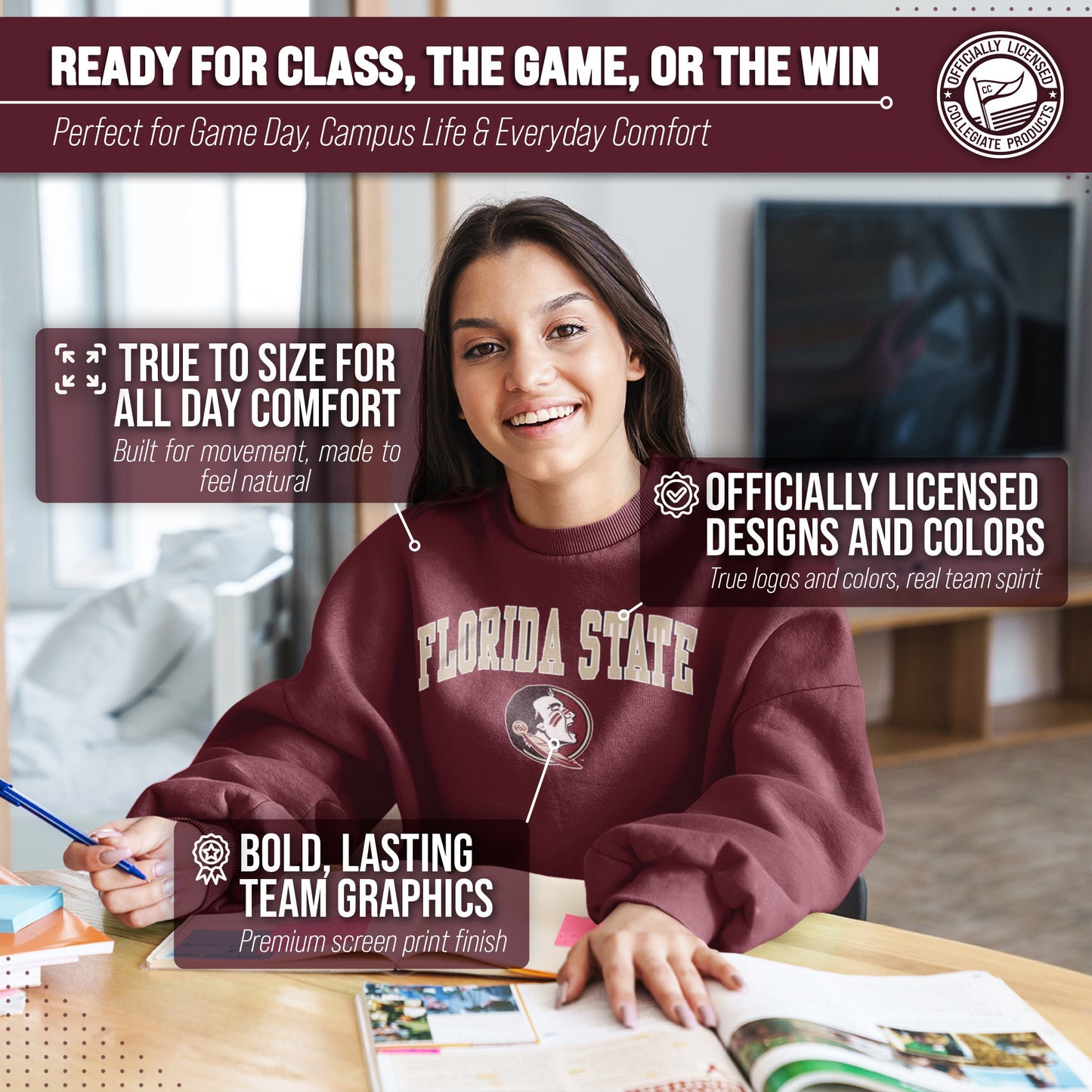 Florida State Seminoles Adult Arch & Logo Soft Style Gameday Crewneck Sweatshirt - Maroon
