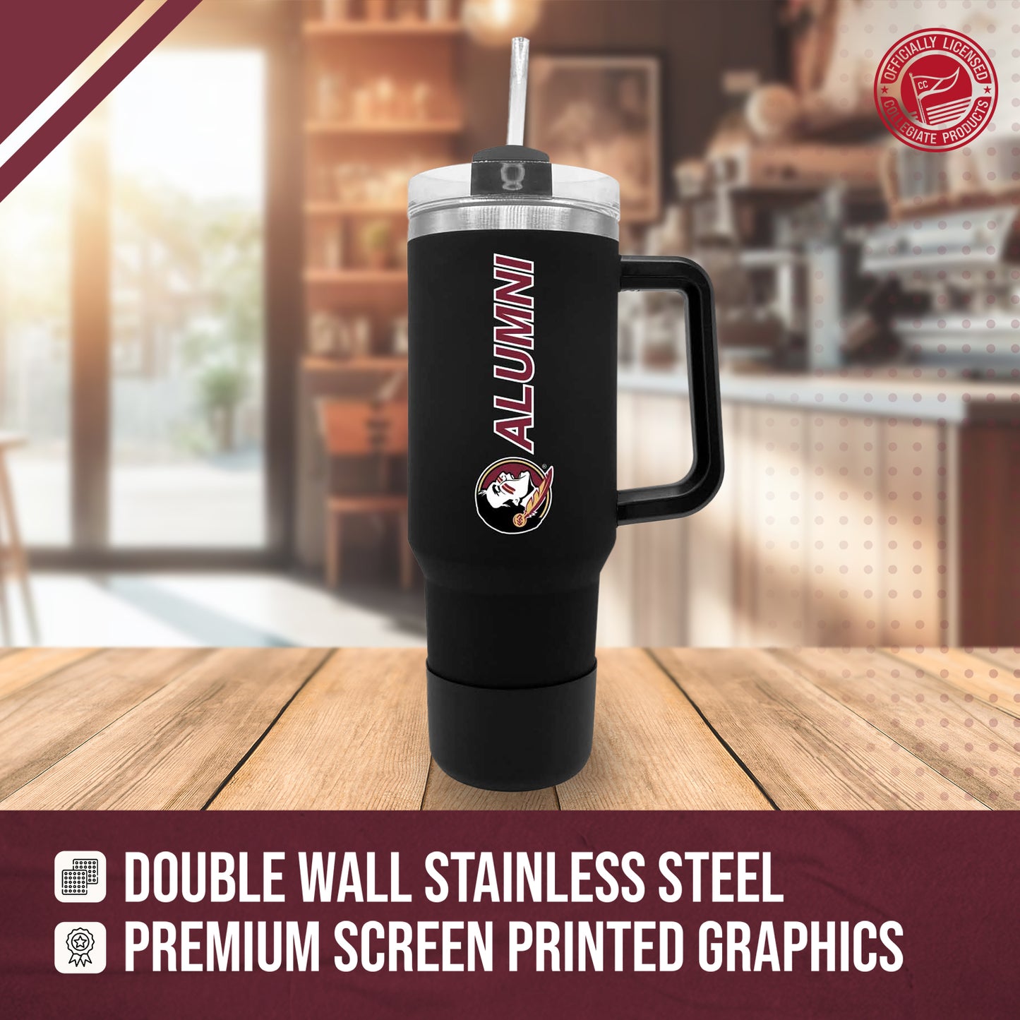 Florida State Seminoles Collegiate 40oz Stainless Steel Travel Tumbler with Handle for Alumni - Black
