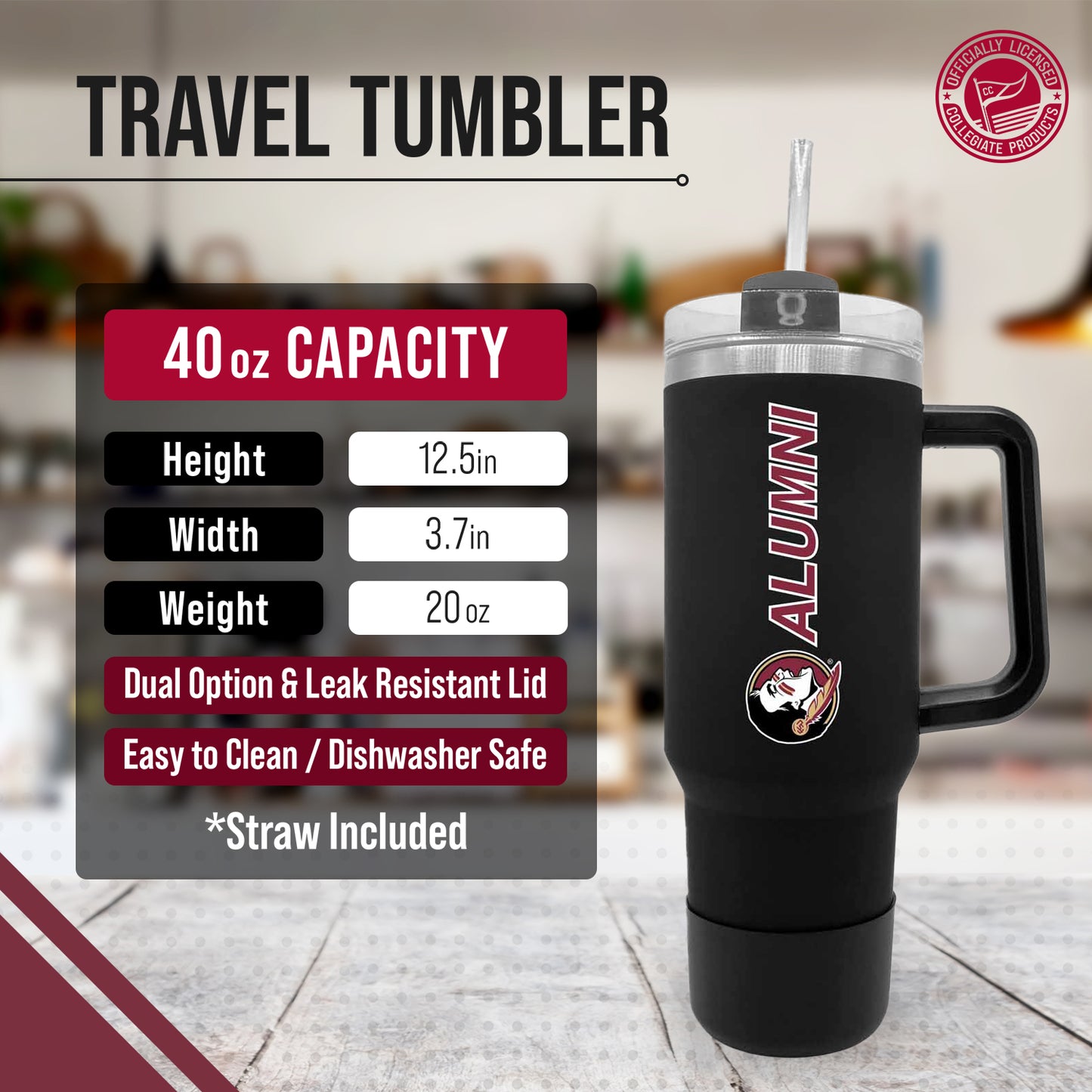 Florida State Seminoles Collegiate 40oz Stainless Steel Travel Tumbler with Handle for Alumni - Black