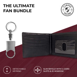 Florida State Seminoles University Team Logo Mens Bi Fold Wallet and Unisex Valet Keychain Bundle - Black