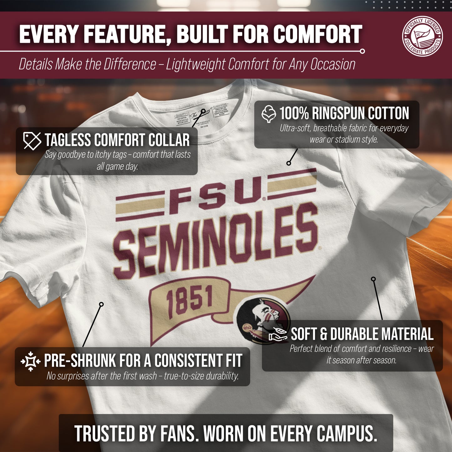 Florida State Seminoles NCAA Adult Unisex Varsity Club Pennant T-Shirt Tag-Less - Off White