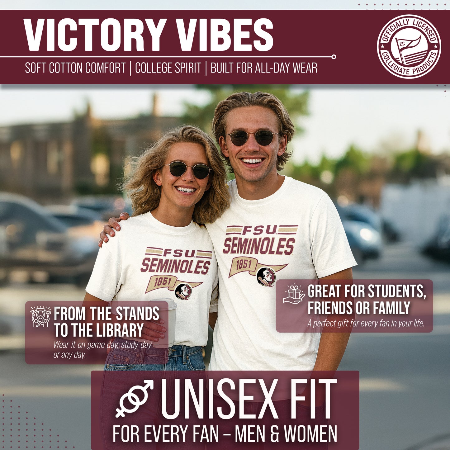 Florida State Seminoles NCAA Adult Unisex Varsity Club Pennant T-Shirt Tag-Less - Off White