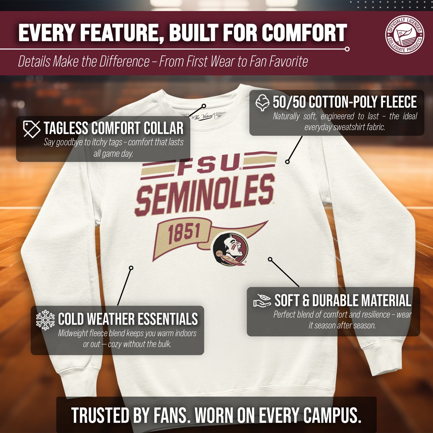 Florida State Seminoles NCAA Adult Unisex Varsity Club Pennant Crewneck Fleece Sweatshirt - Off White