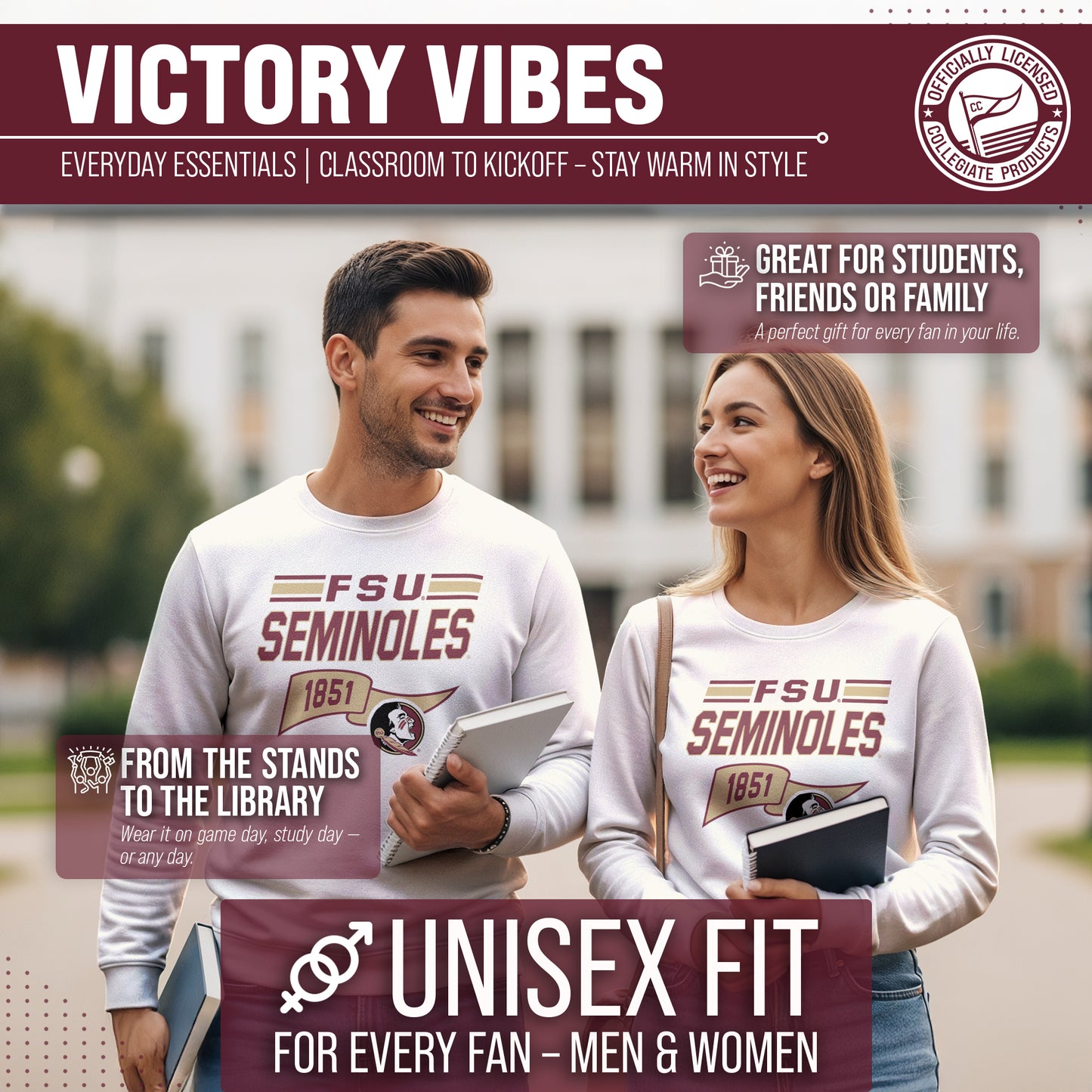 Florida State Seminoles NCAA Adult Unisex Varsity Club Pennant Crewneck Fleece Sweatshirt - Off White