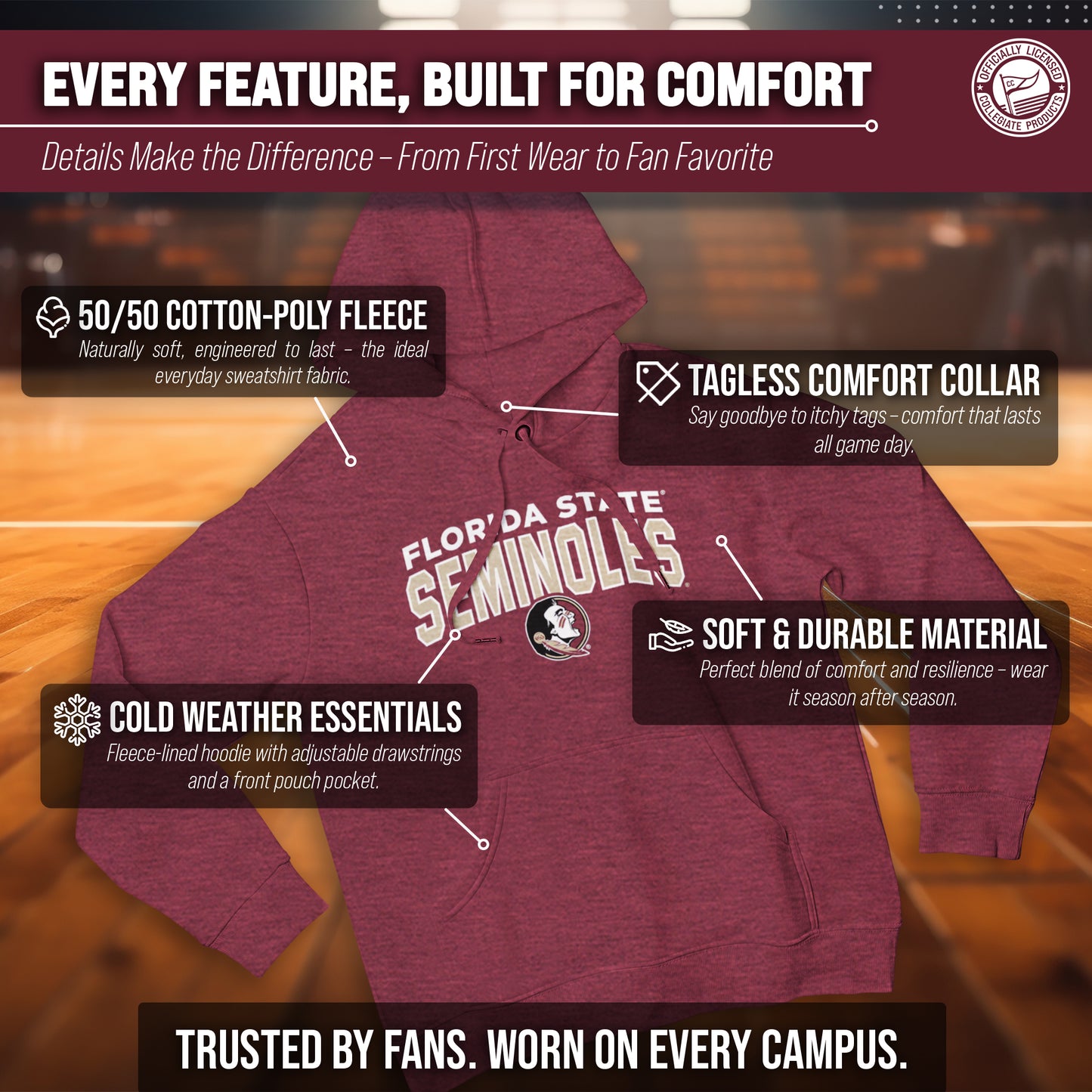 Florida State Seminoles NCAA Adult Unisex Starting Fresh Heathered Hooded Fleece Sweatshirt - Garnet Heather