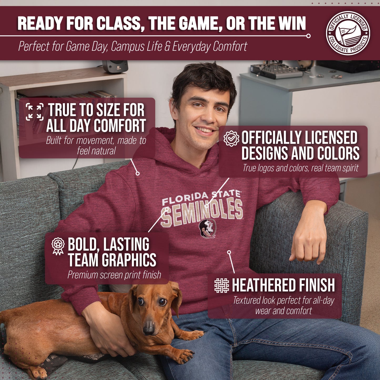 Florida State Seminoles NCAA Adult Unisex Starting Fresh Heathered Hooded Fleece Sweatshirt - Garnet Heather