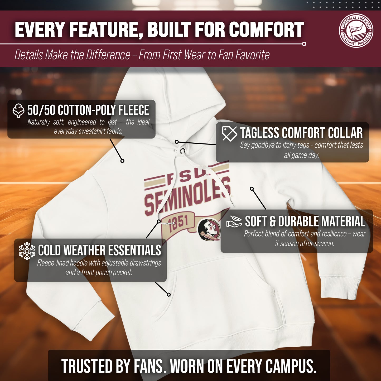 Florida State Seminoles NCAA Adult Unisex Varsity Club Pennant Hooded Fleece Sweatshirt - Off White