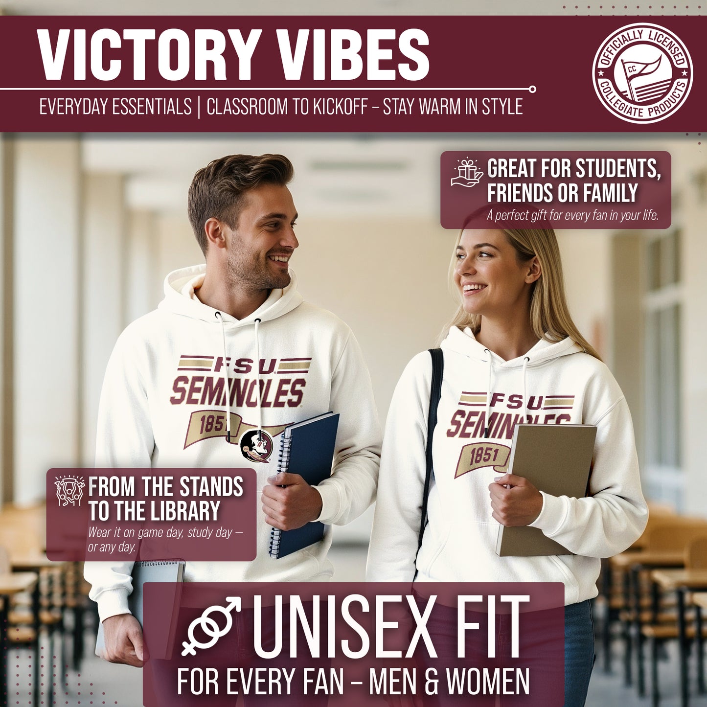 Florida State Seminoles NCAA Adult Unisex Varsity Club Pennant Hooded Fleece Sweatshirt - Off White