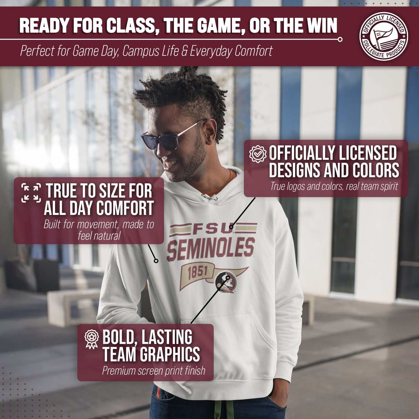 Florida State Seminoles NCAA Adult Unisex Varsity Club Pennant Hooded Fleece Sweatshirt - Off White