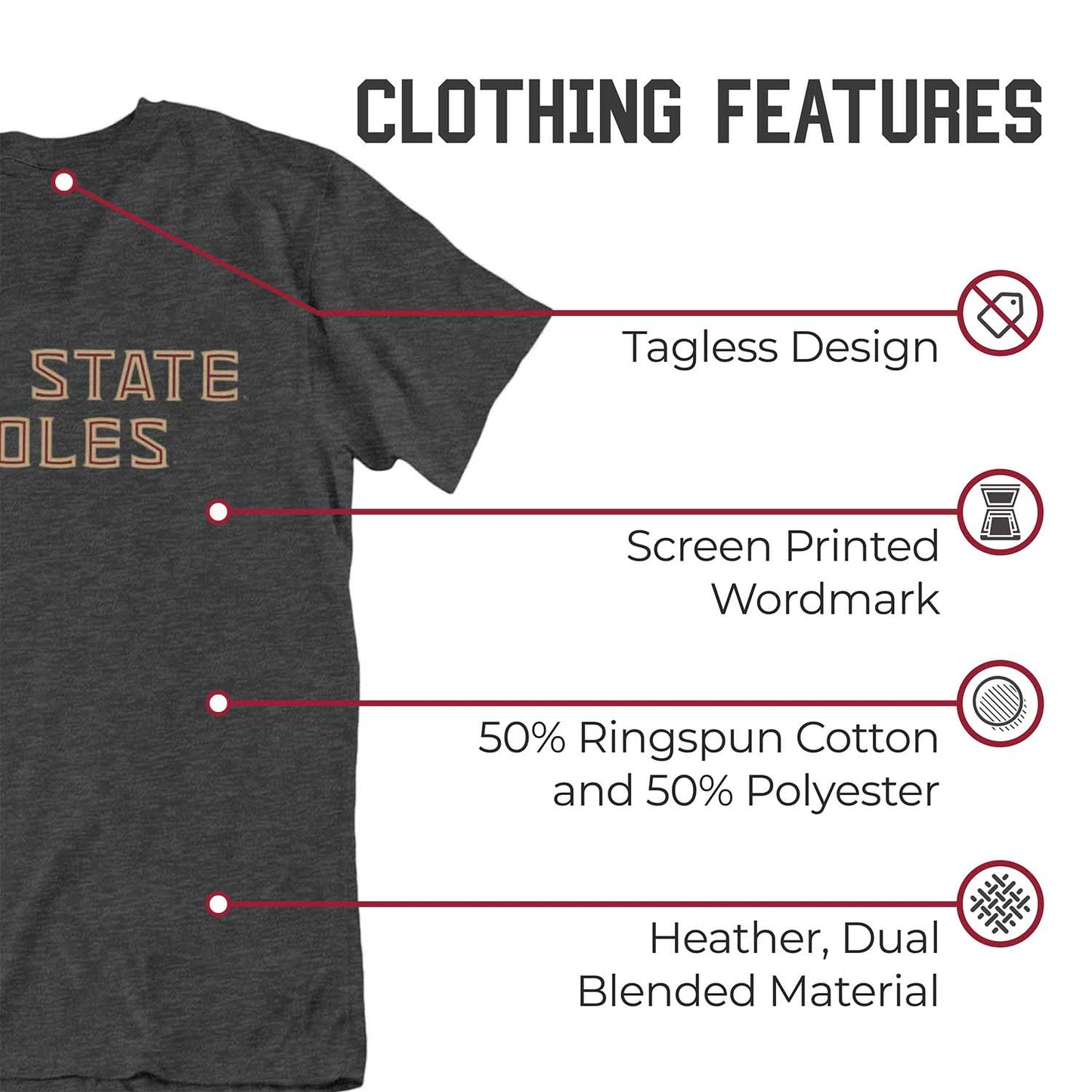 Florida State Seminoles Campus Colors NCAA Adult Cotton Blend Charcoal Tagless T-Shirt - Charcoal