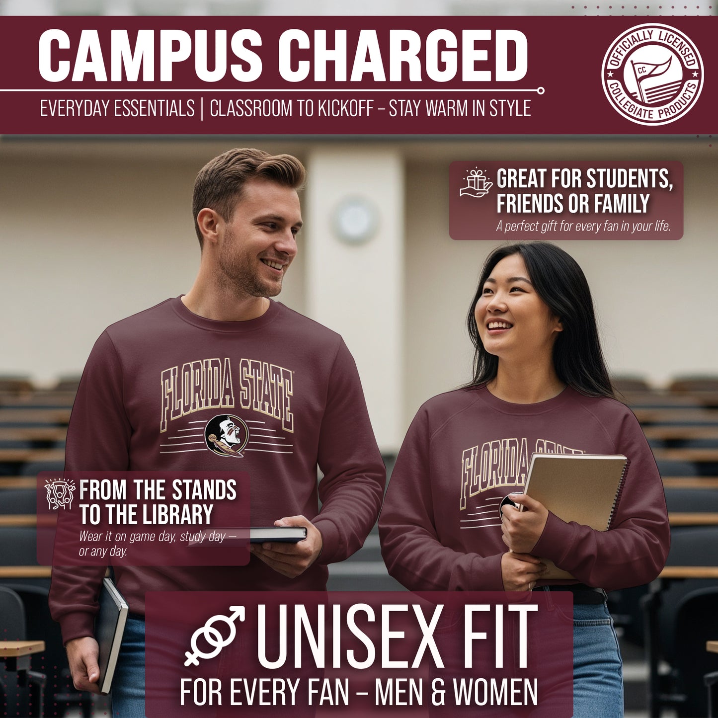 Florida State Seminoles NCAA Adult Unisex Overtime Classics Crewneck Fleece Sweatshirt - Garnet