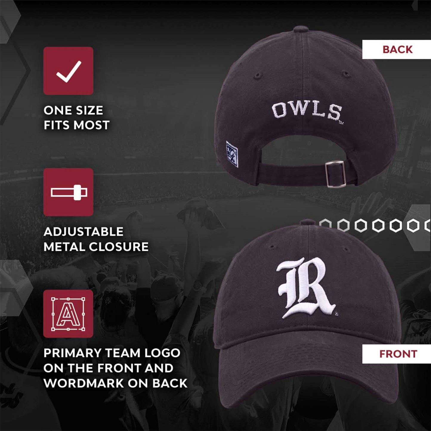Rice Owls NCAA Adult Relaxed Fit Logo Hat - Navy