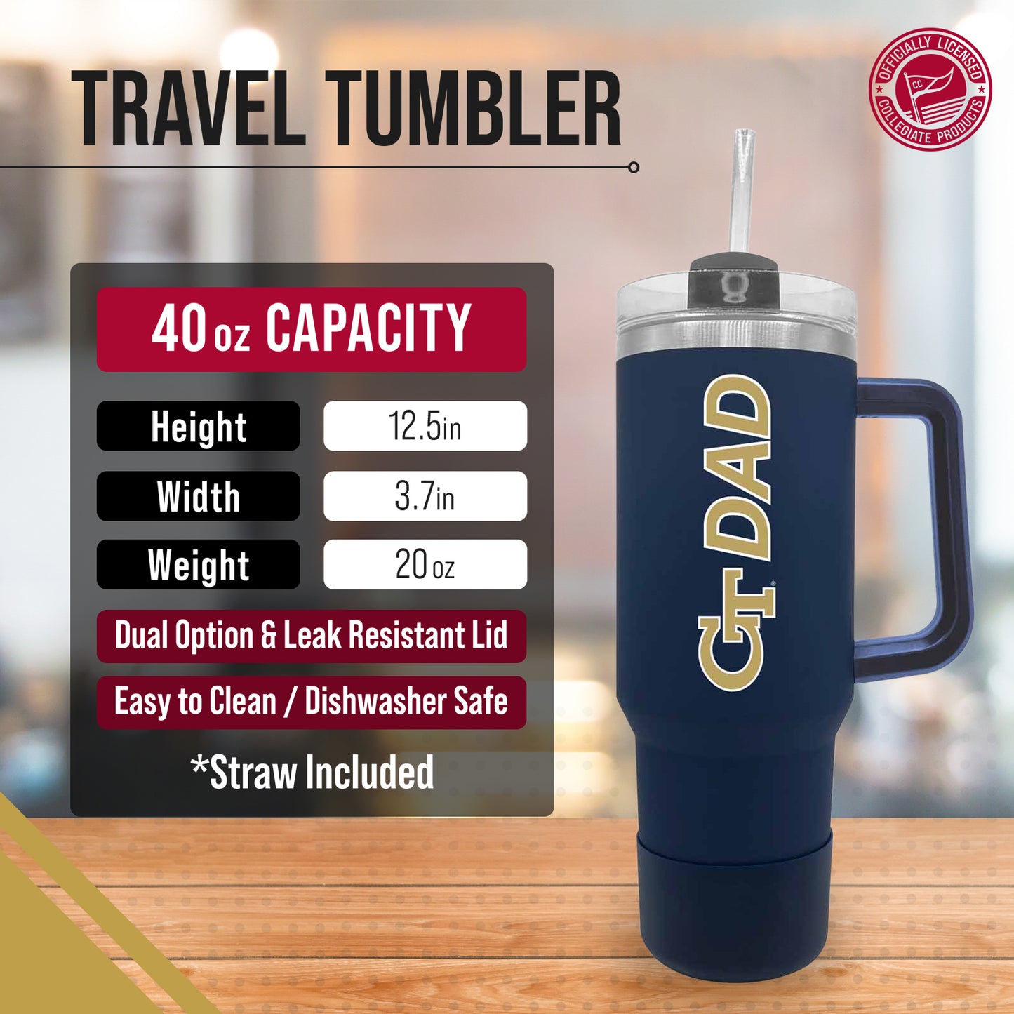 Georgia Tech Yellowjackets Collegiate 40oz Stainless Steel Travel Tumbler with Handle for Dad - Navy