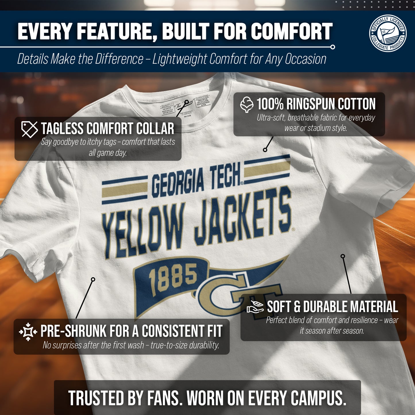 Georgia Tech Yellowjackets NCAA Adult Unisex Varsity Club Pennant T-Shirt Tag-Less - Off White