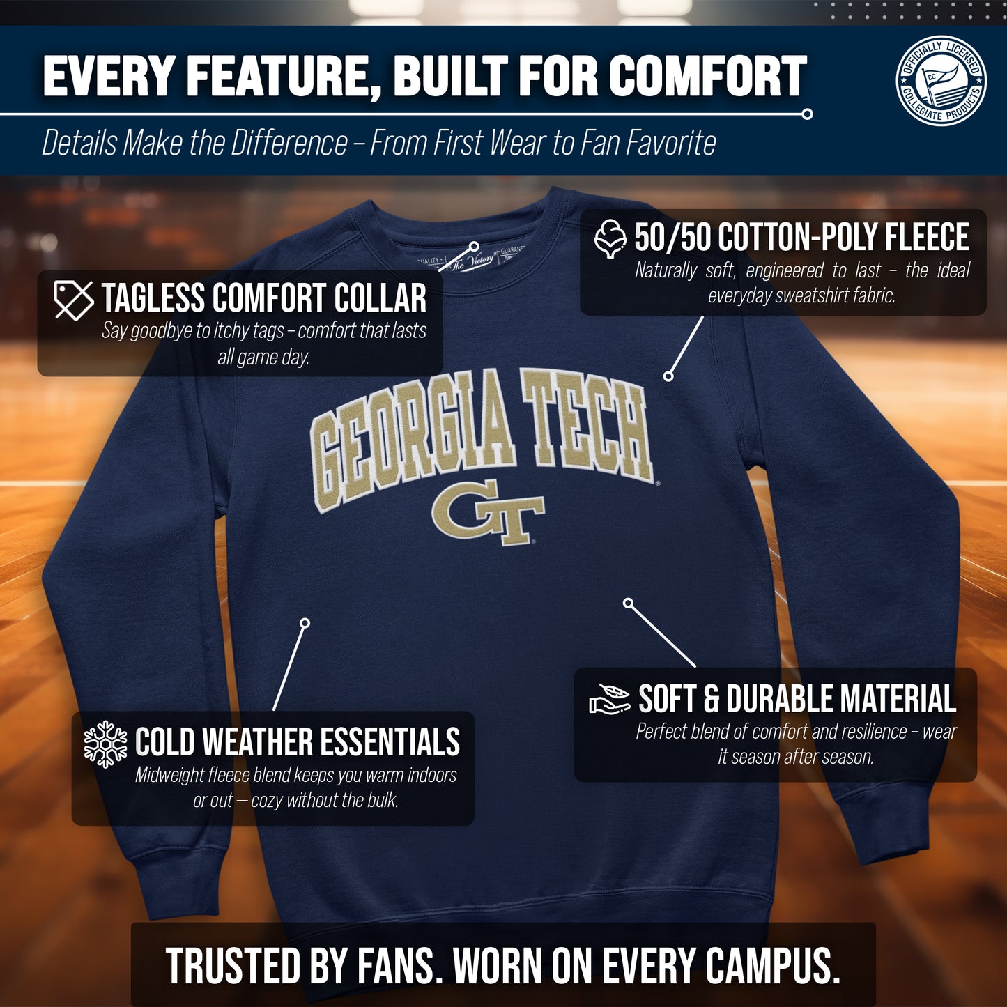 Georgia Tech Yellowjackets NCAA Adult Tackle Twill Crewneck Sweatshirt - Navy