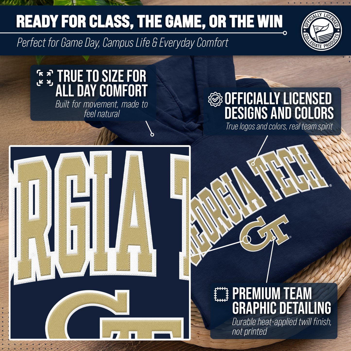 Georgia Tech Yellowjackets NCAA Adult Tackle Twill Hooded Sweatshirt - Navy