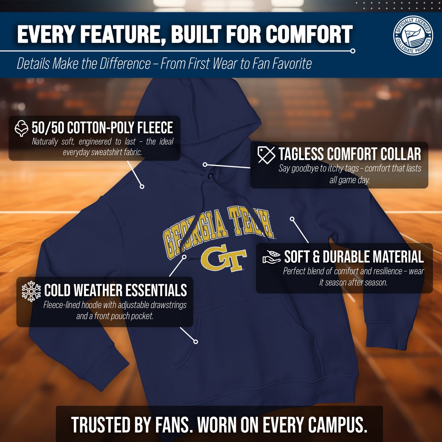 Georgia Tech Yellowjackets Adult Arch & Logo Soft Style Gameday Hooded Sweatshirt - Navy