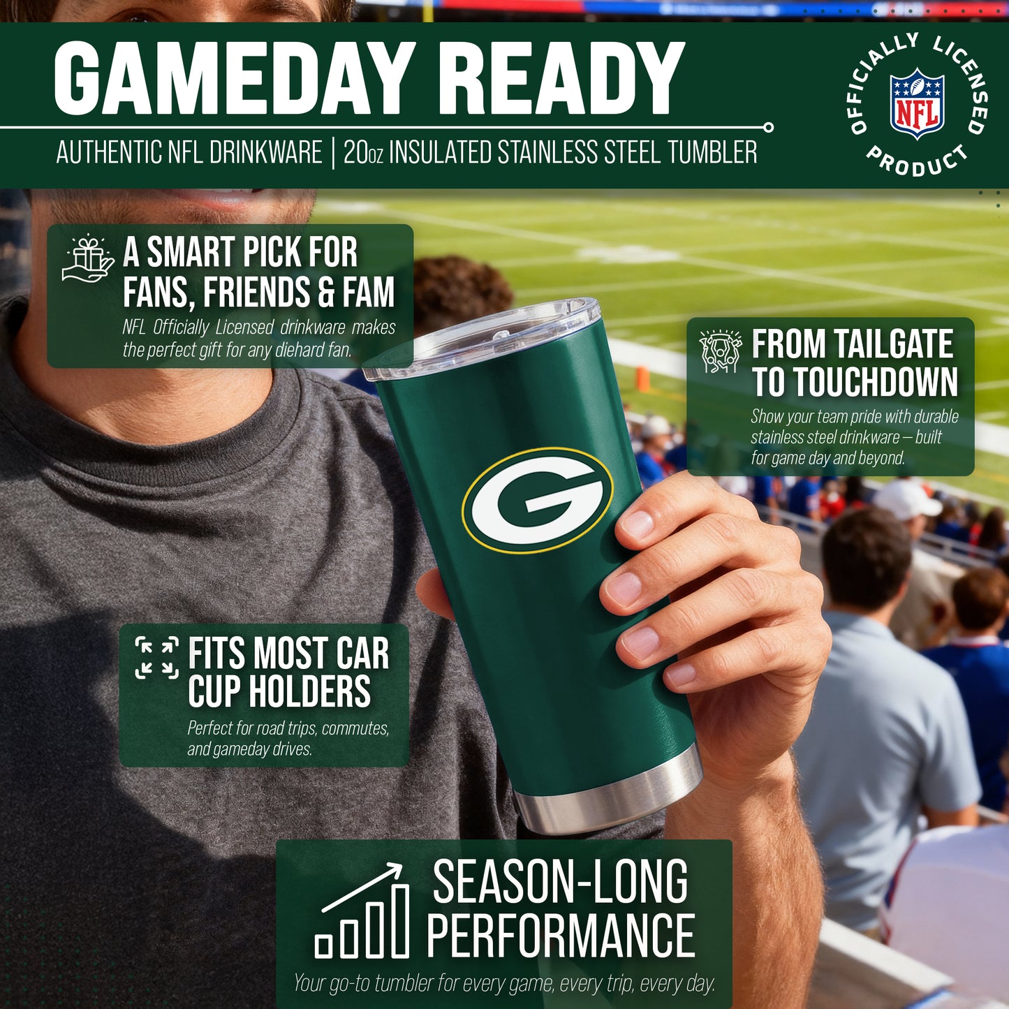 Green Bay Packers NFL 20oz Gameday Stainless Steel Tumbler - Hunter Green