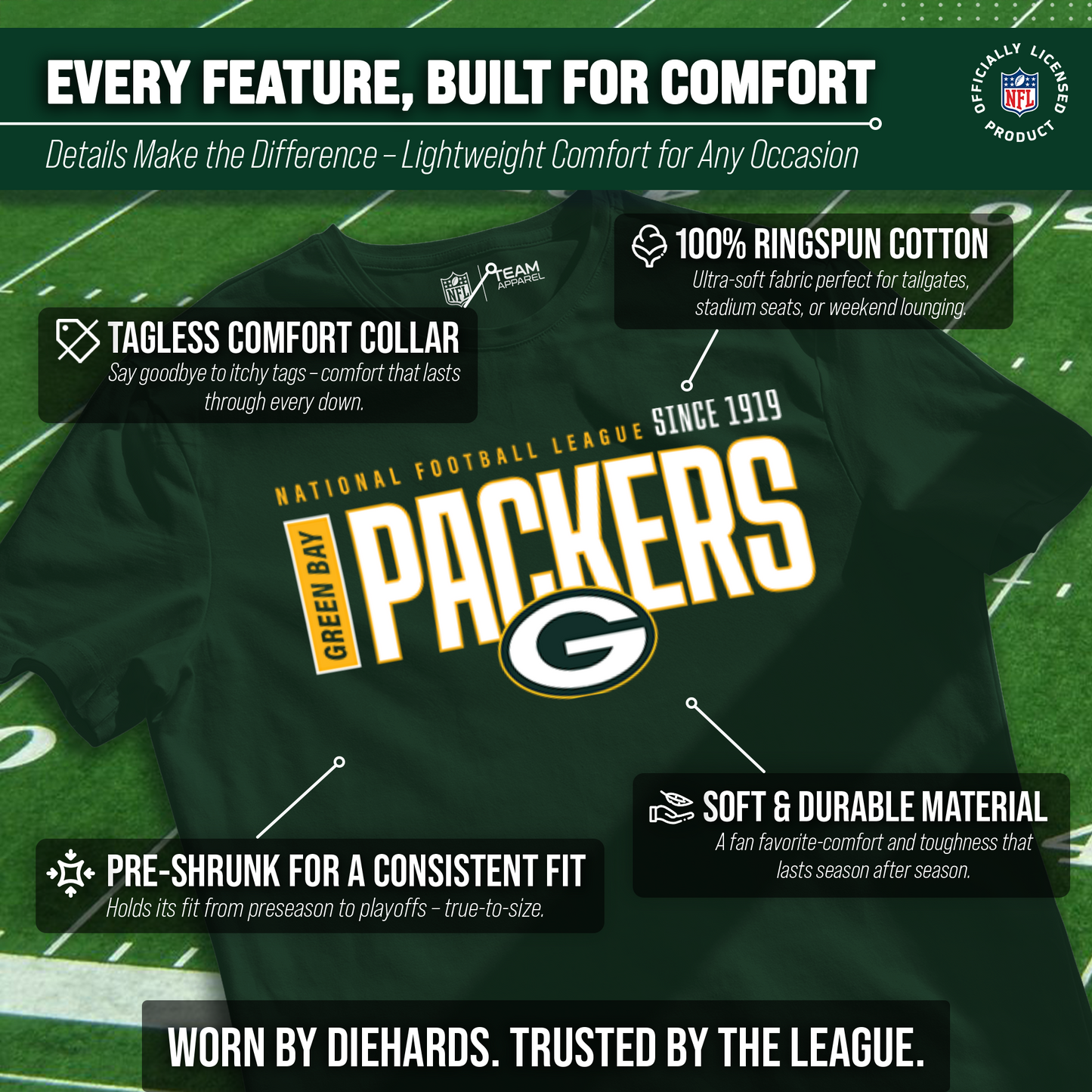 Green Bay Packers NFL Youth Modern Endzone Football T-Shirt Unisex Tag Free Comfortable - Forest Green